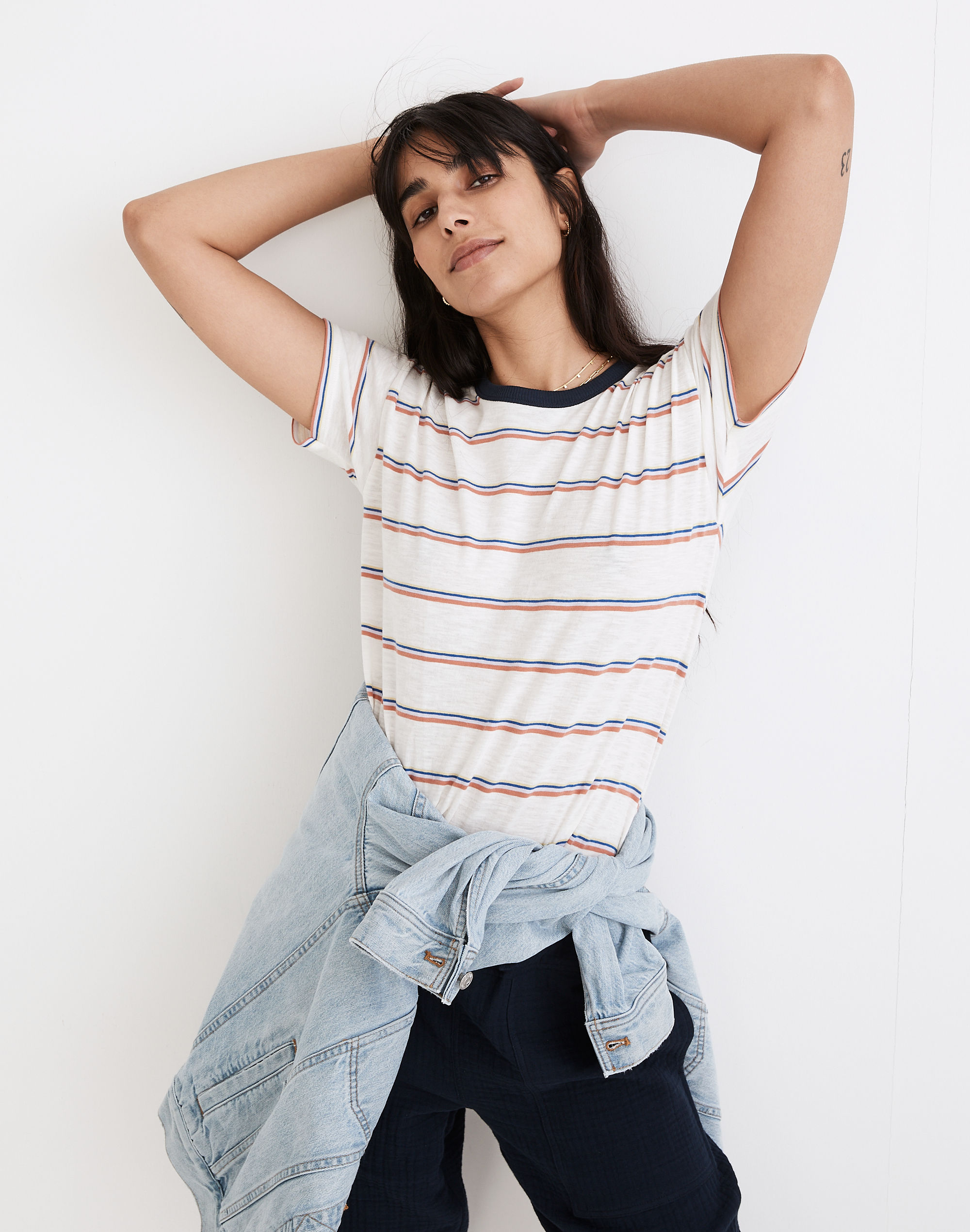 Whisper Cotton Rib-Crewneck Ringer Tee in Altair Stripe