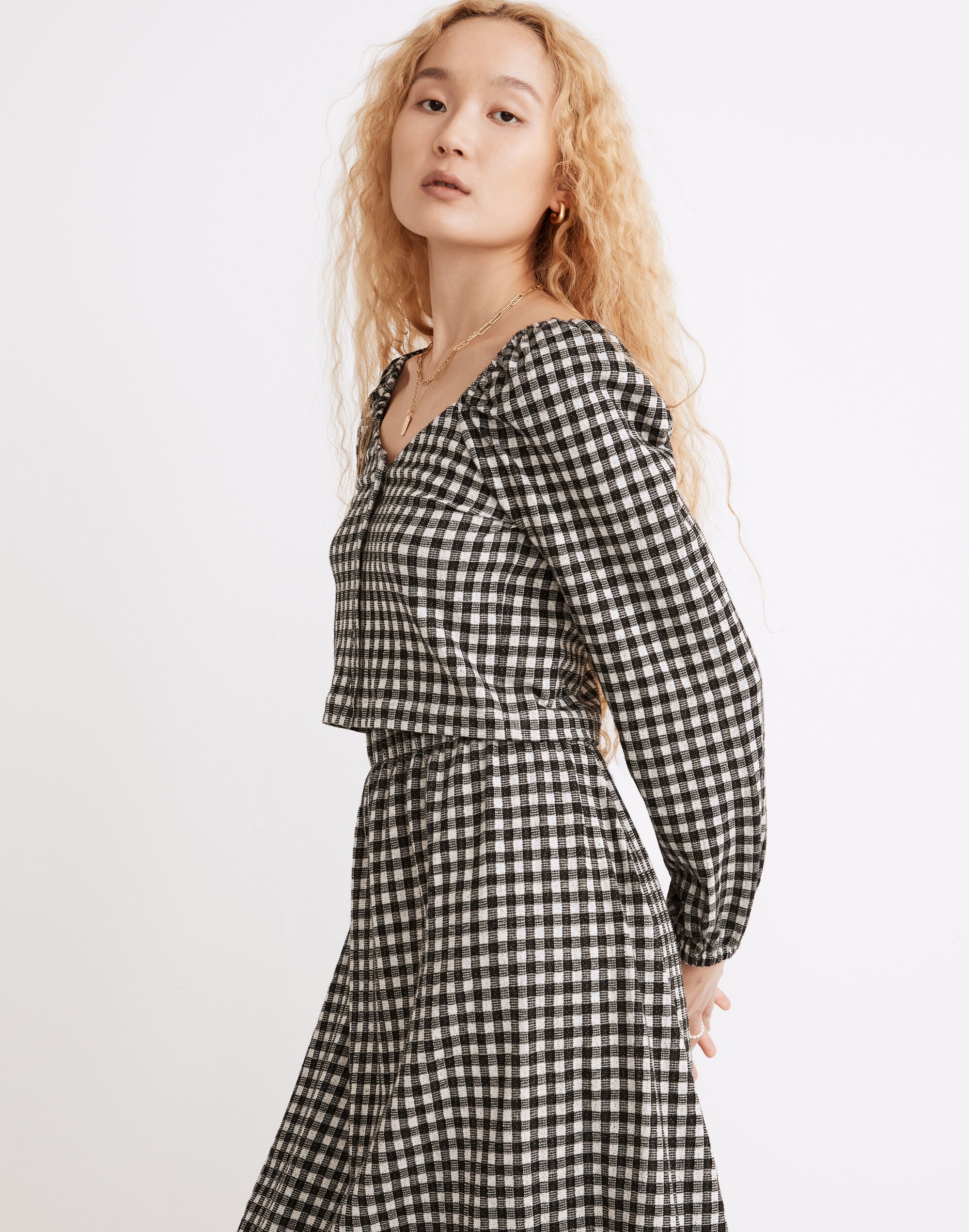 Gingham Puff-Sleeve Button-Front Crop Top