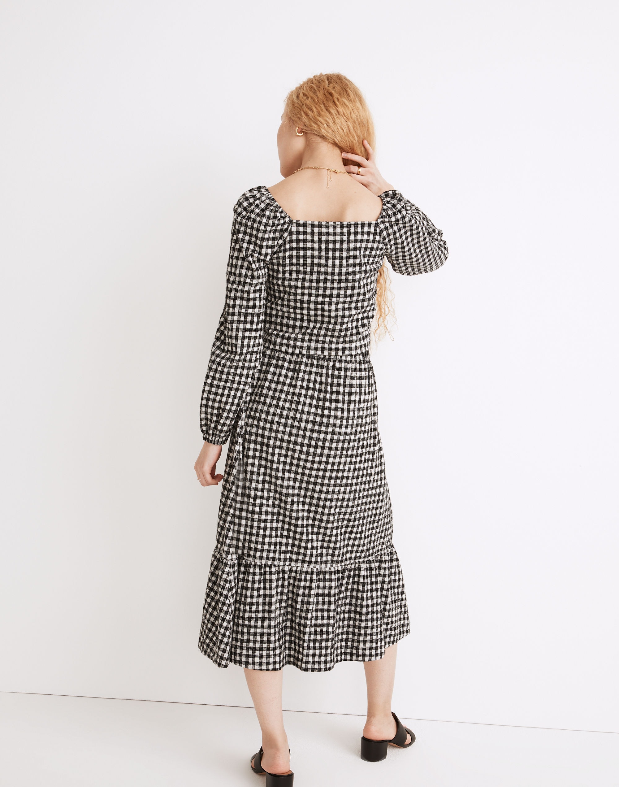 Gingham Puff-Sleeve Button-Front Crop Top