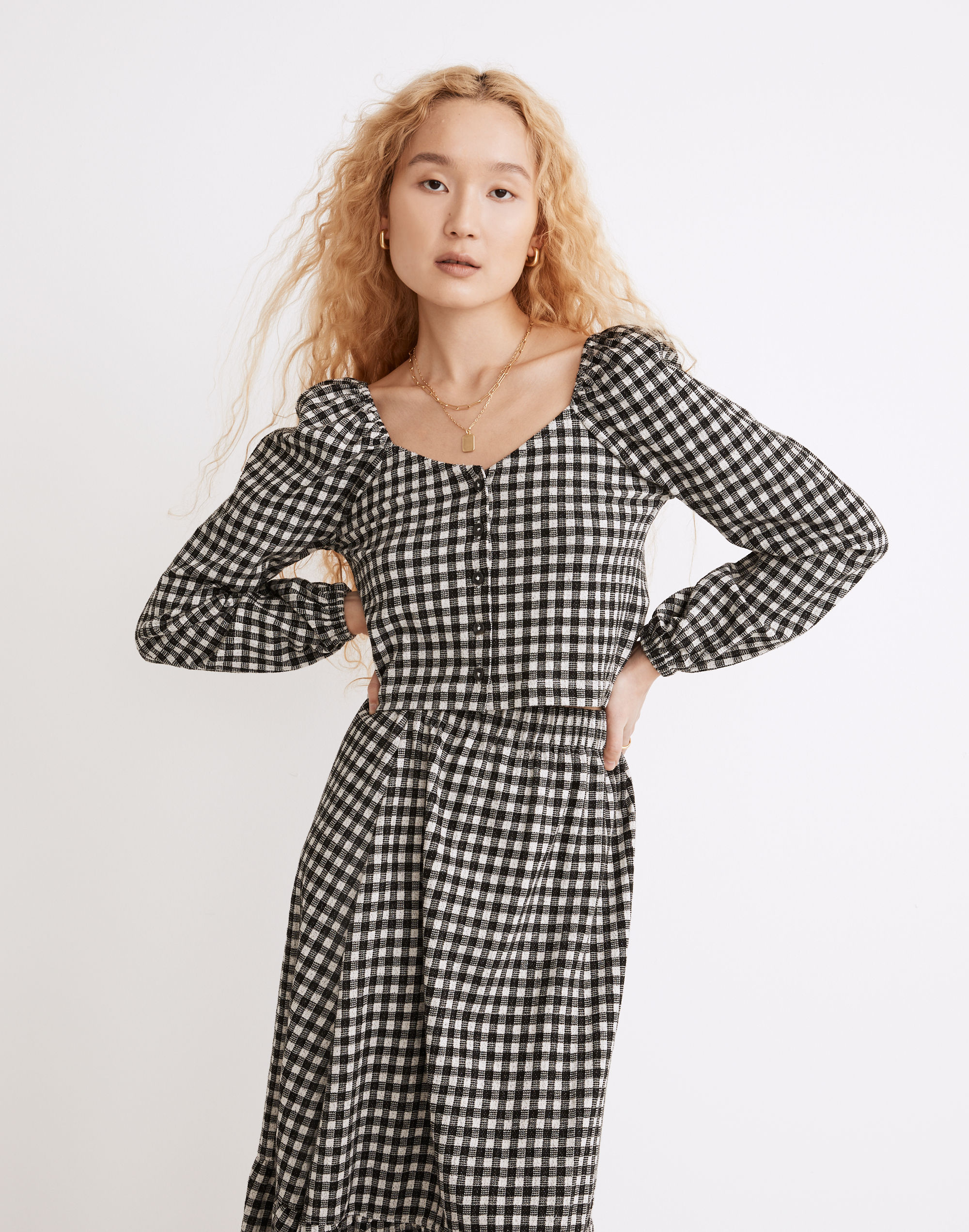 Gingham Puff-Sleeve Button-Front Crop Top | Madewell