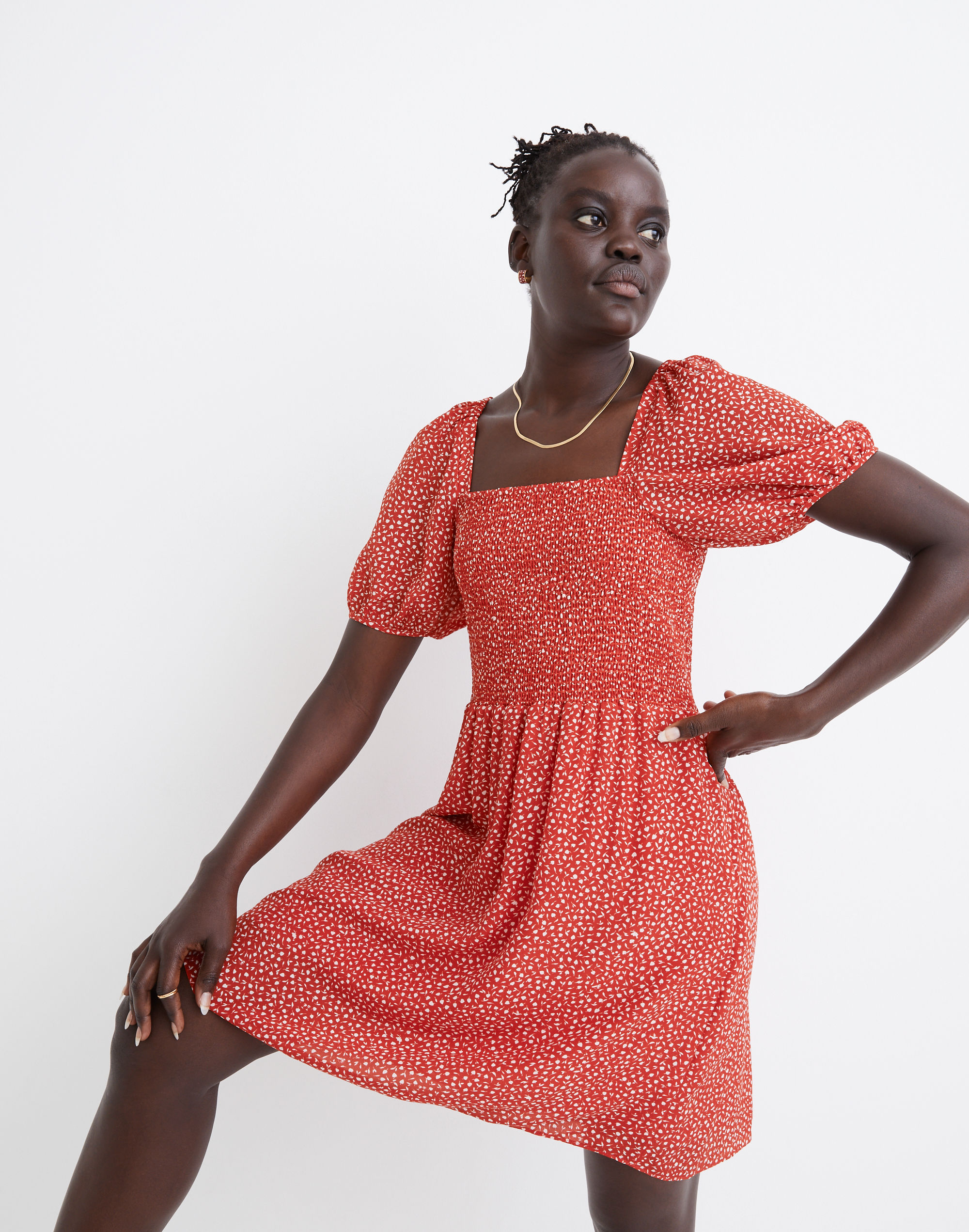 silk lucie puff-sleeve smocked mini dress in park picnic