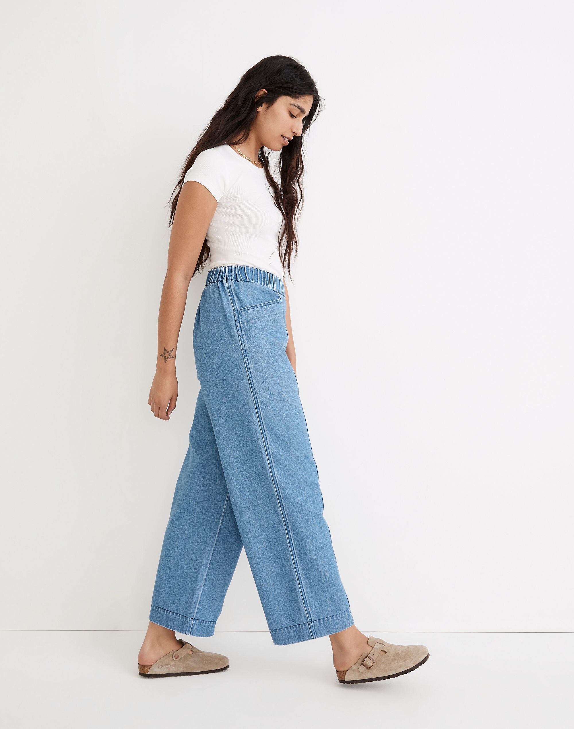 Denim Pull-On High-Rise Wide-Leg Crop Pants in Ashgrove Wash