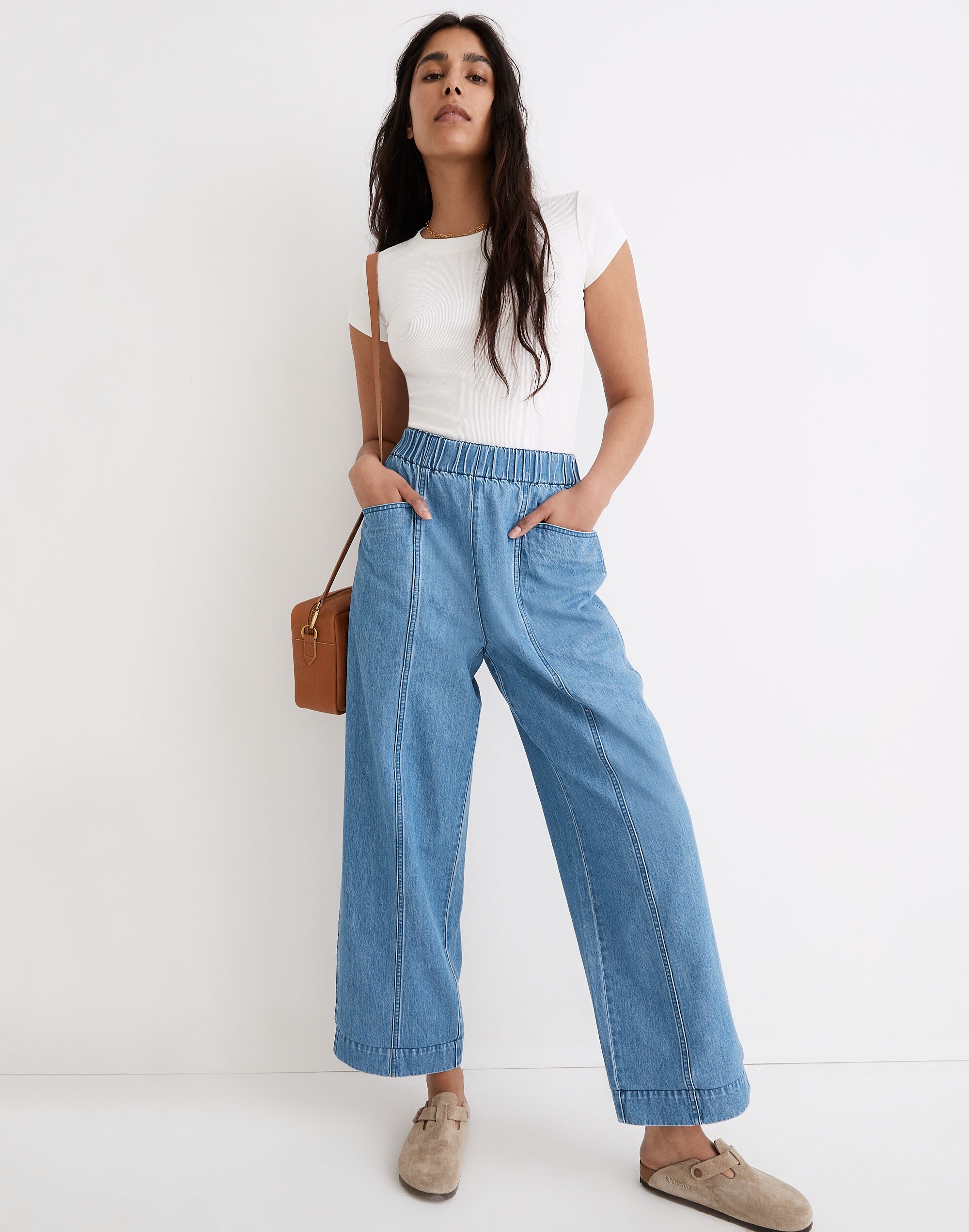 Denim Pull-On High-Rise Wide-Leg Crop Pants in Ashgrove Wash