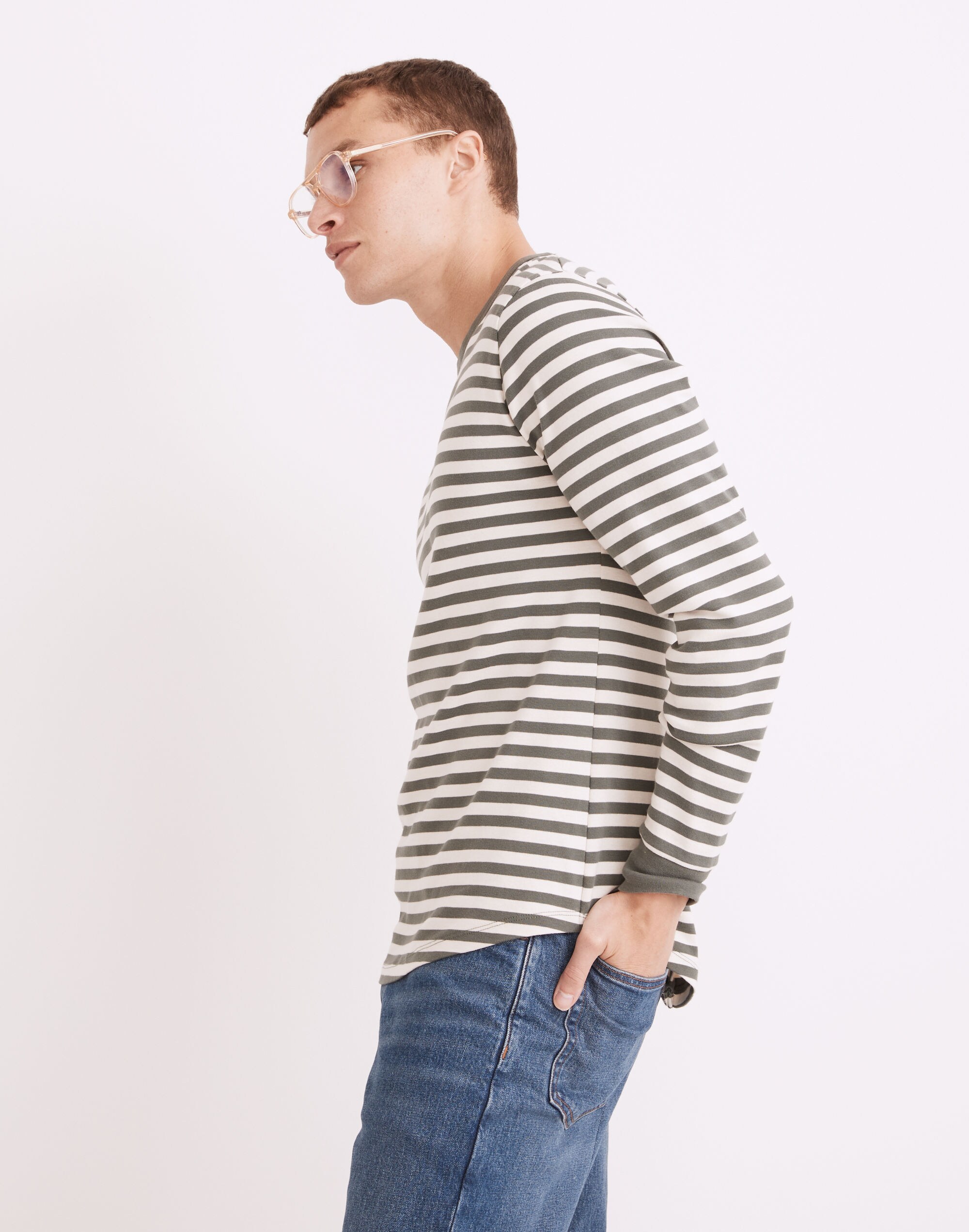 Ribbed Long-Sleeve Relaxed Tee in Stripe