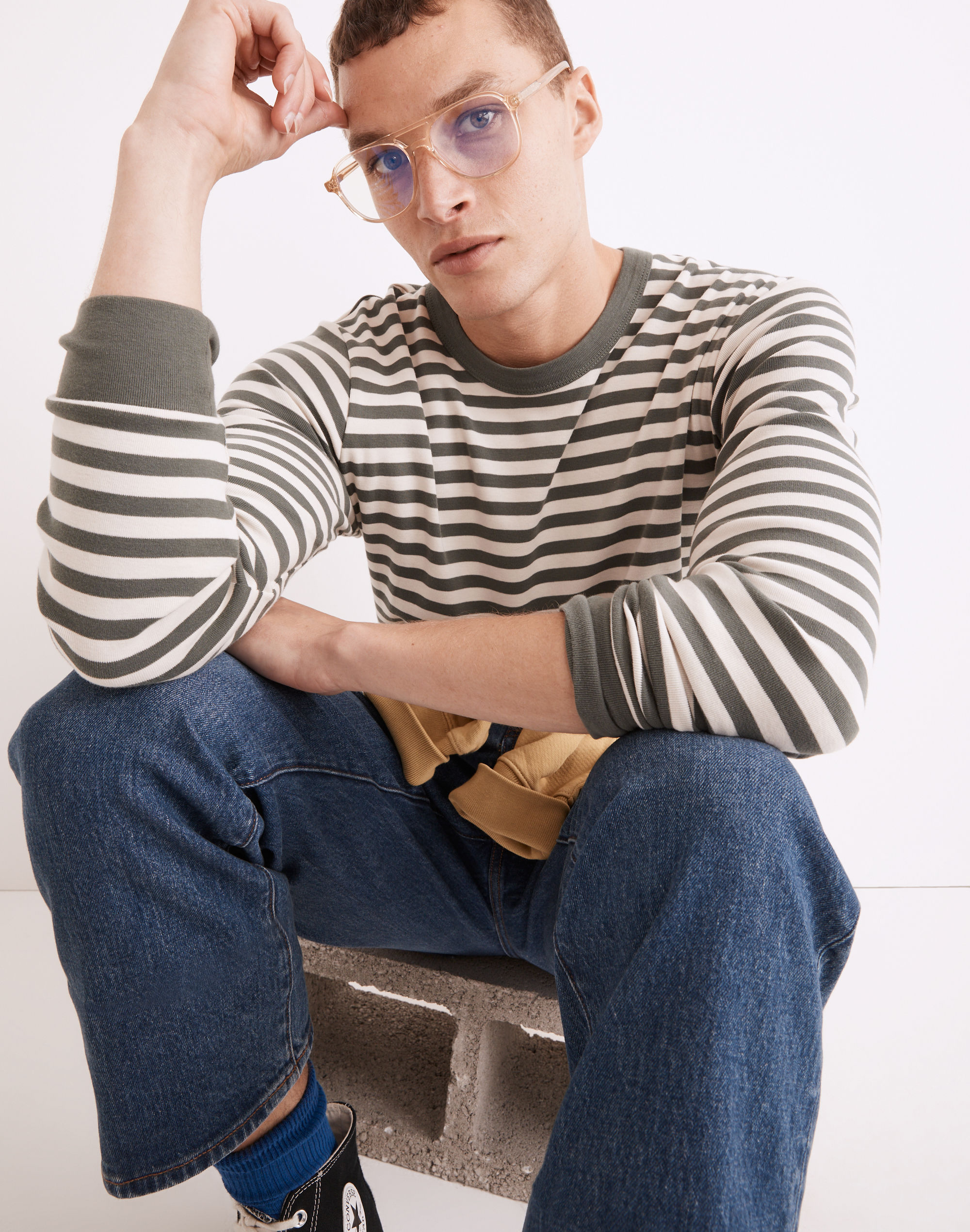 Ribbed Long-Sleeve Relaxed Tee in Stripe