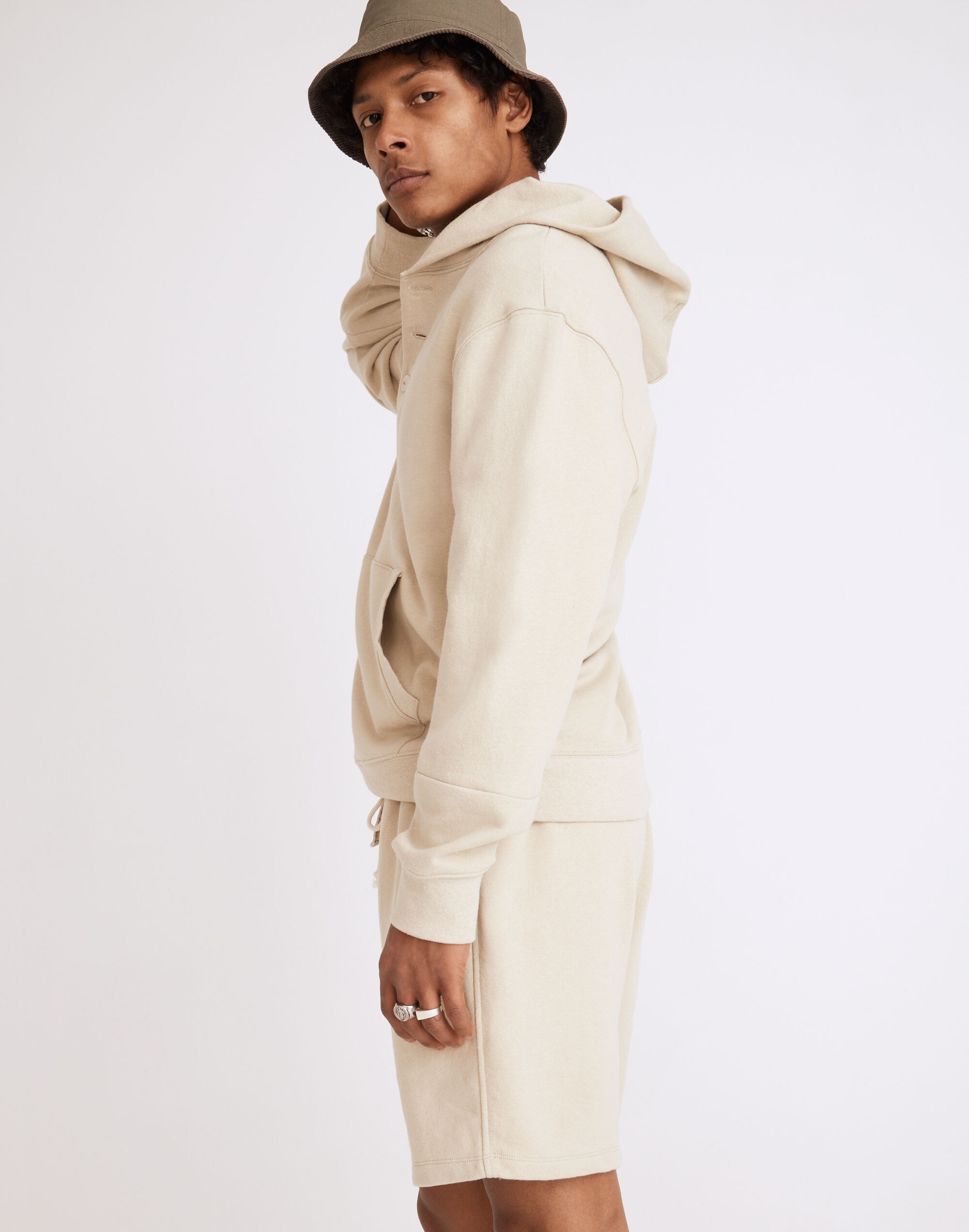 Cotton-Hemp Terry Henley Hoodie Sweatshirt