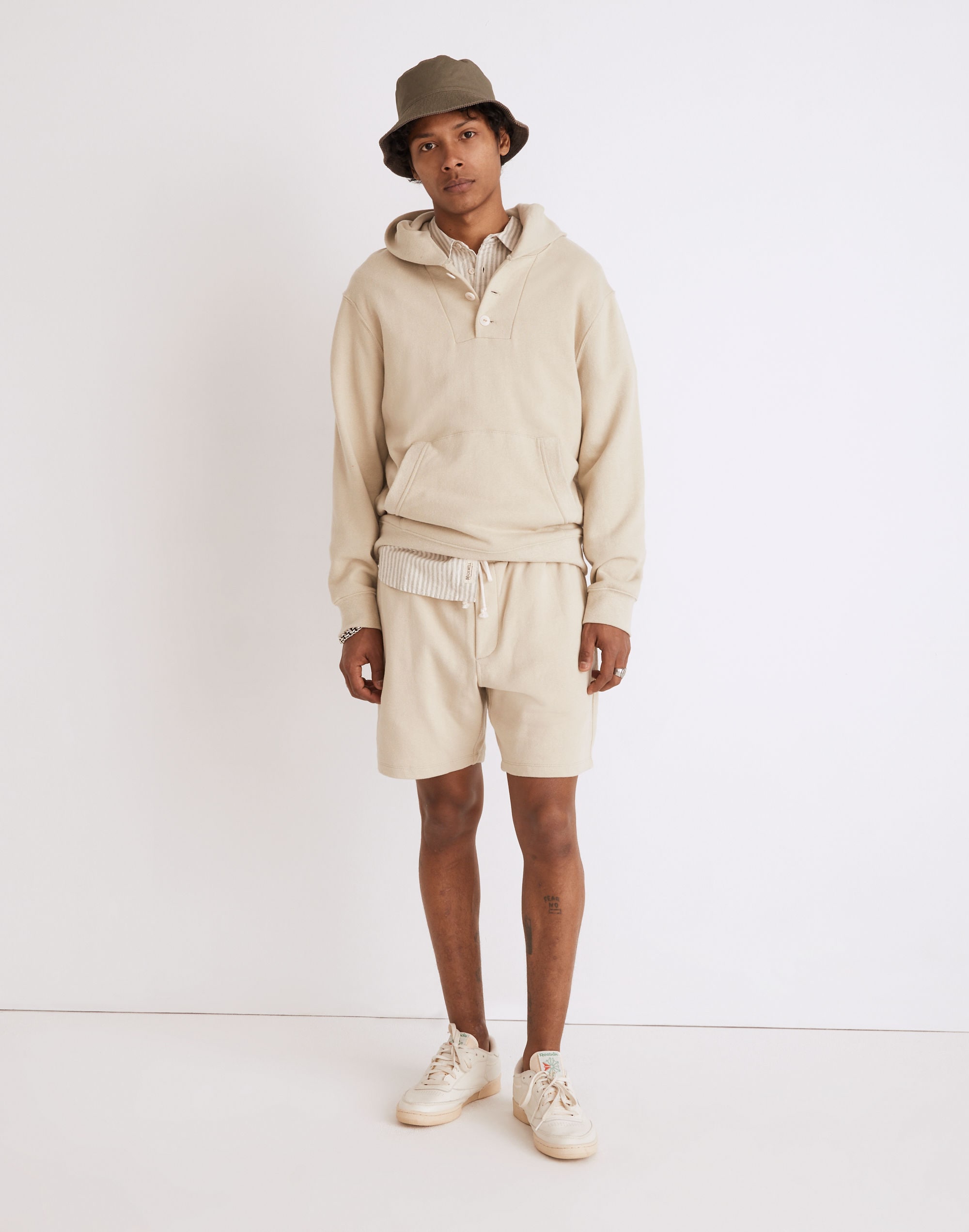 Cotton-Hemp Terry Henley Hoodie Sweatshirt