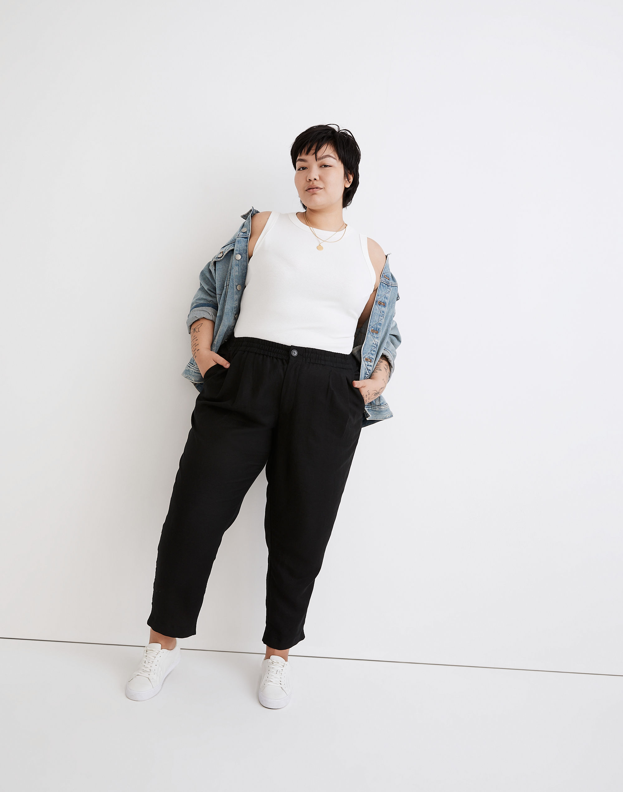 Plus Linen-Blend Pull-On Tapered Pants