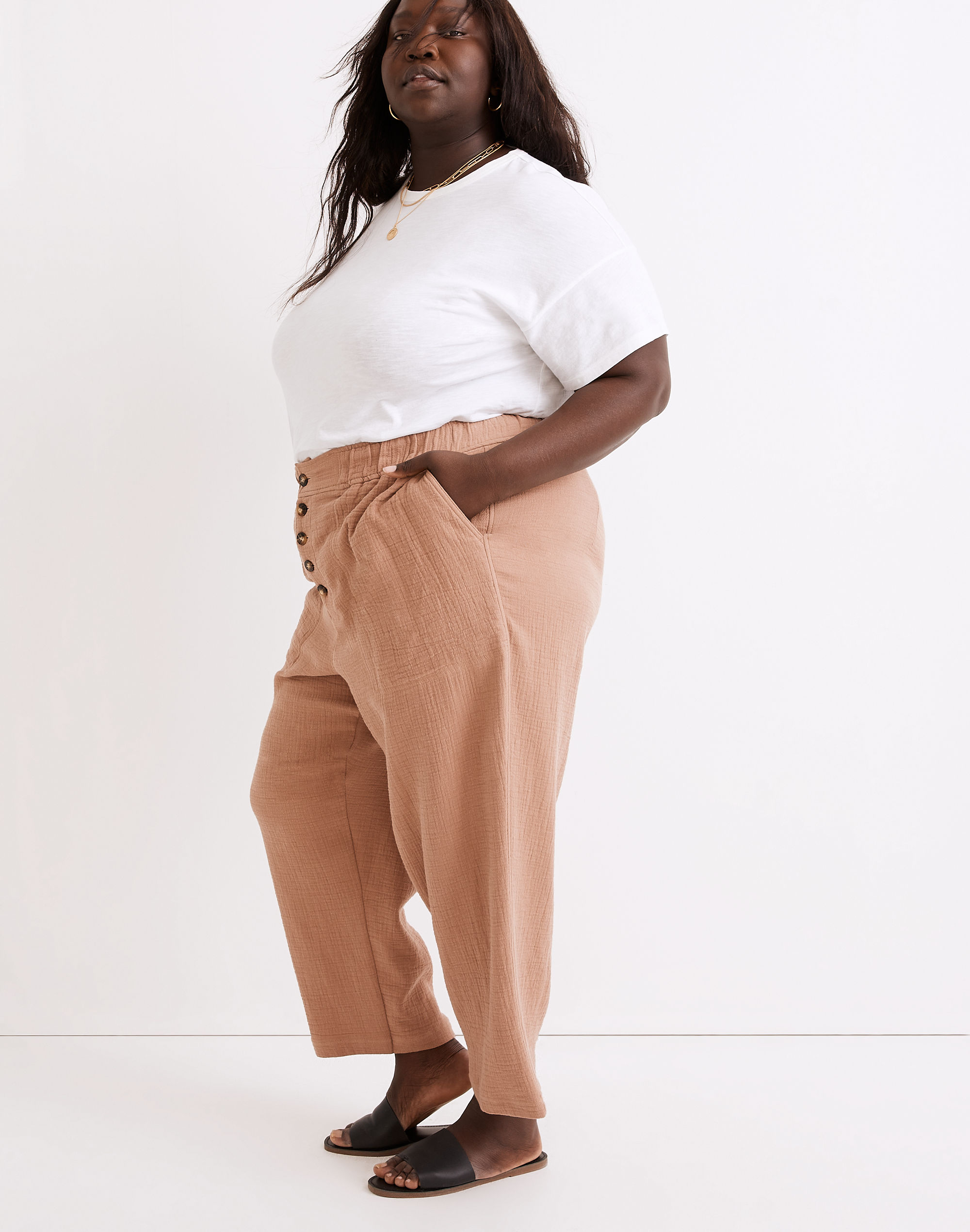 Plus Cotton-Linen Pull-On High-Rise Tapered Pants: Button-Front Edition