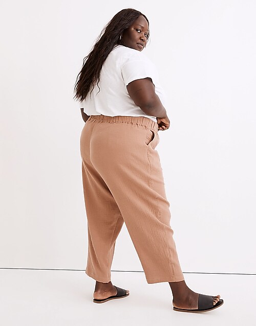 Plus Cotton-Linen Pull-On High-Rise Tapered Pants: Button-Front