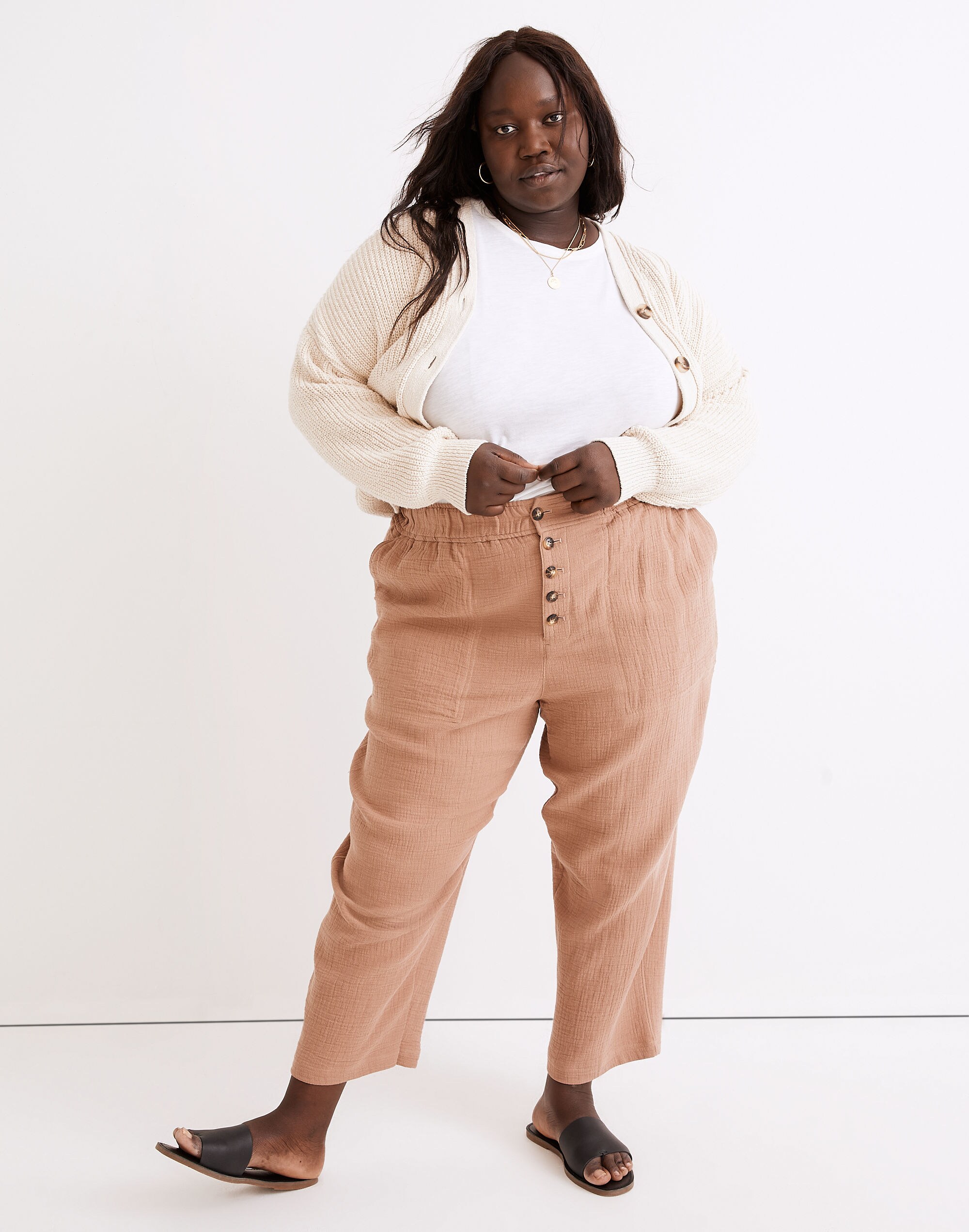 Plus Cotton-Linen Pull-On High-Rise Tapered Pants: Button-Front Edition