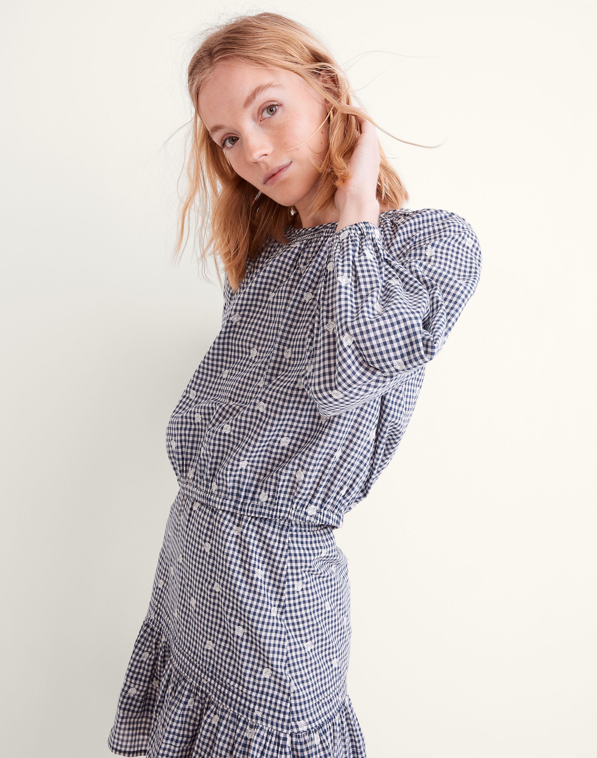 Embroidered Button-Back Shirt in Gingham Check