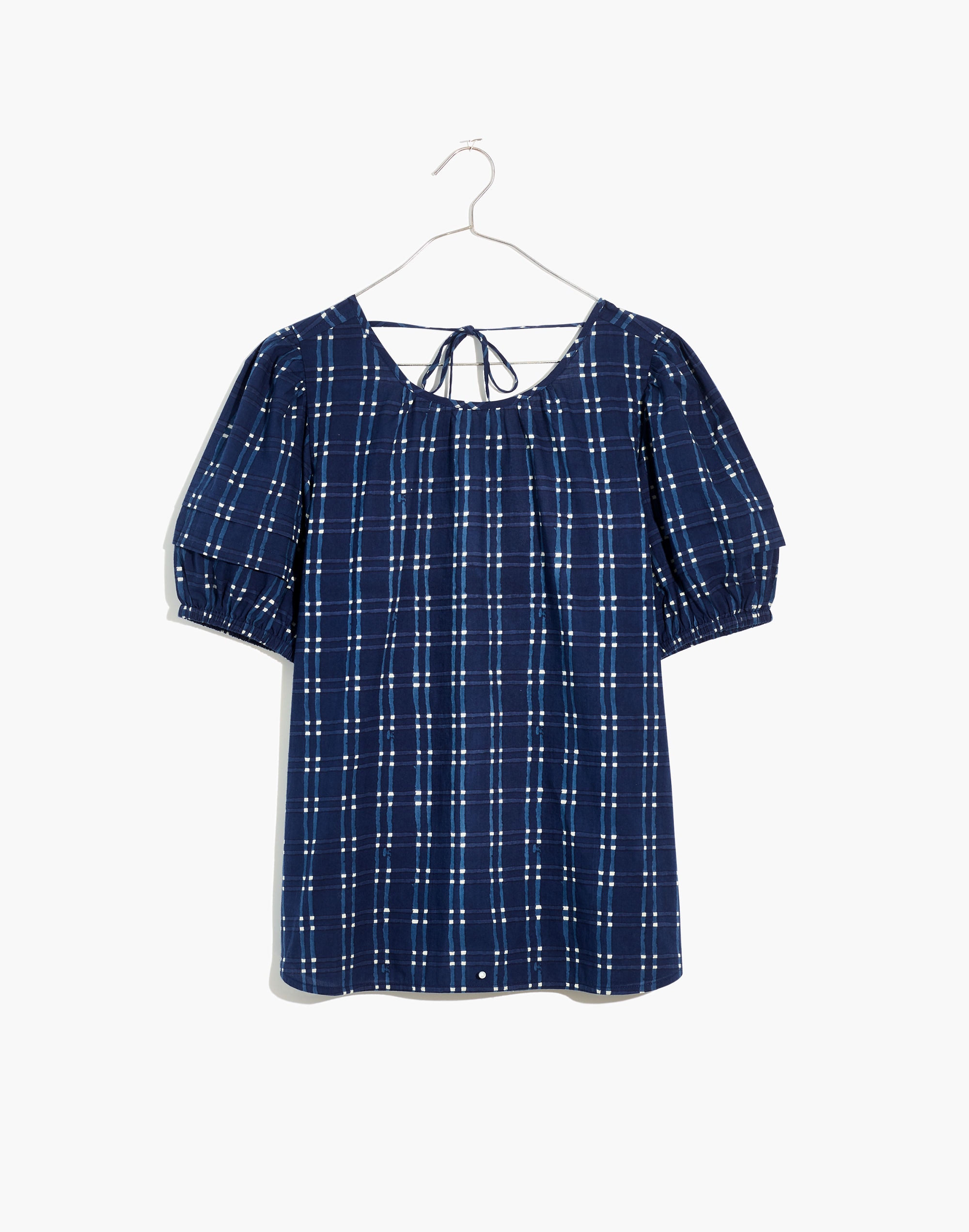 Tie-Back Puff-Sleeve Top in Shibori Indigo Plaid