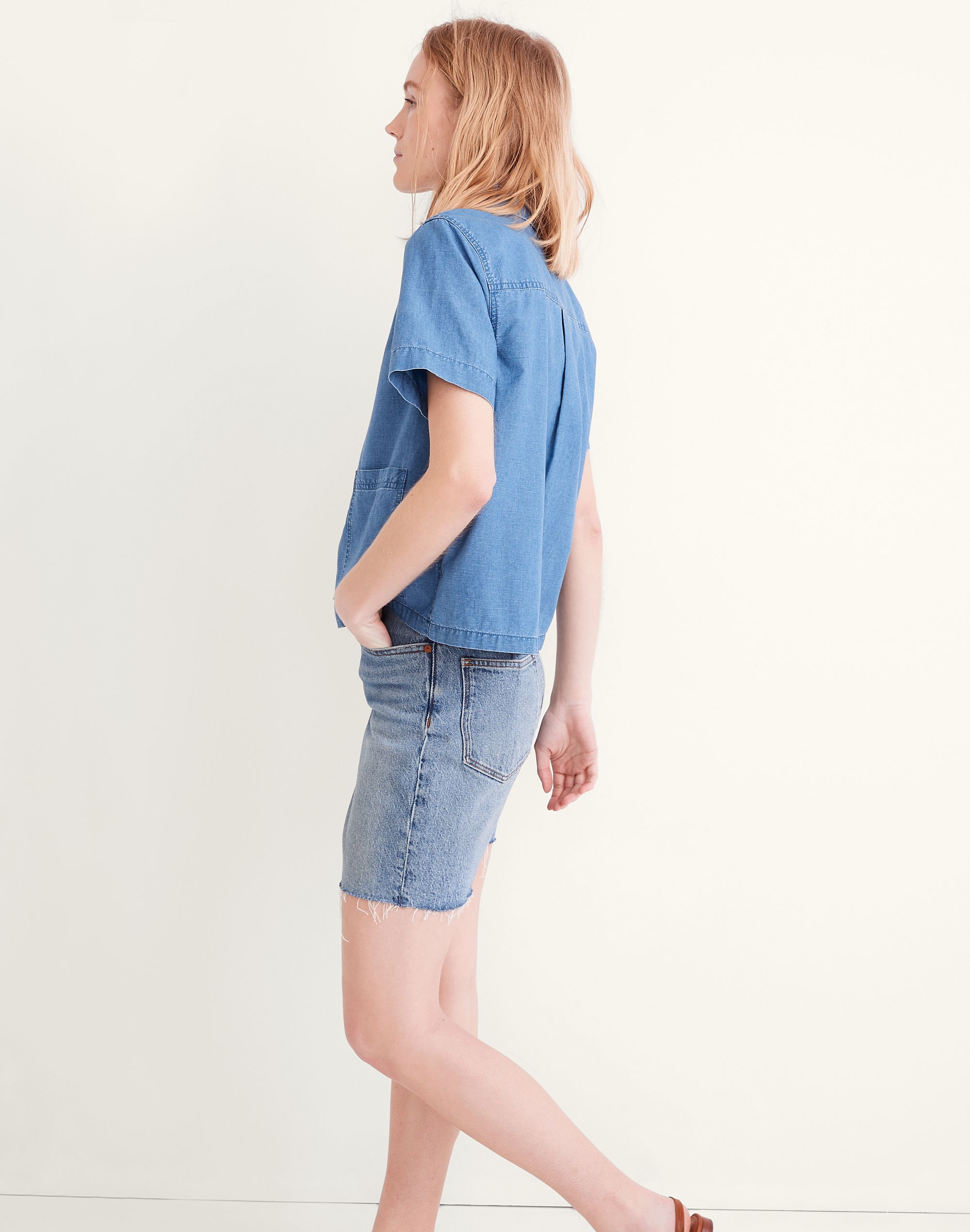 Denim Short-Sleeve Popover Shirt