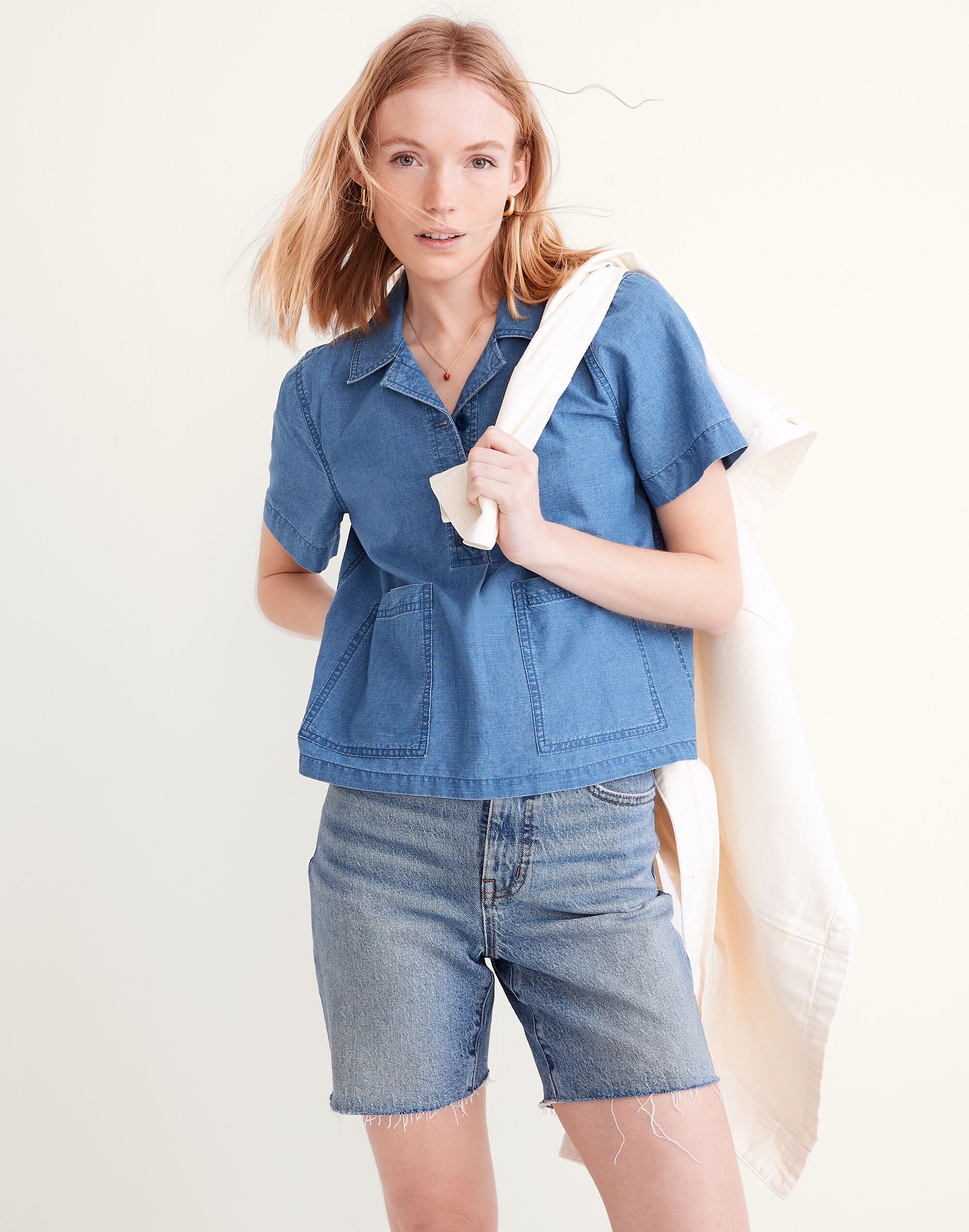 Denim Short-Sleeve Popover Shirt