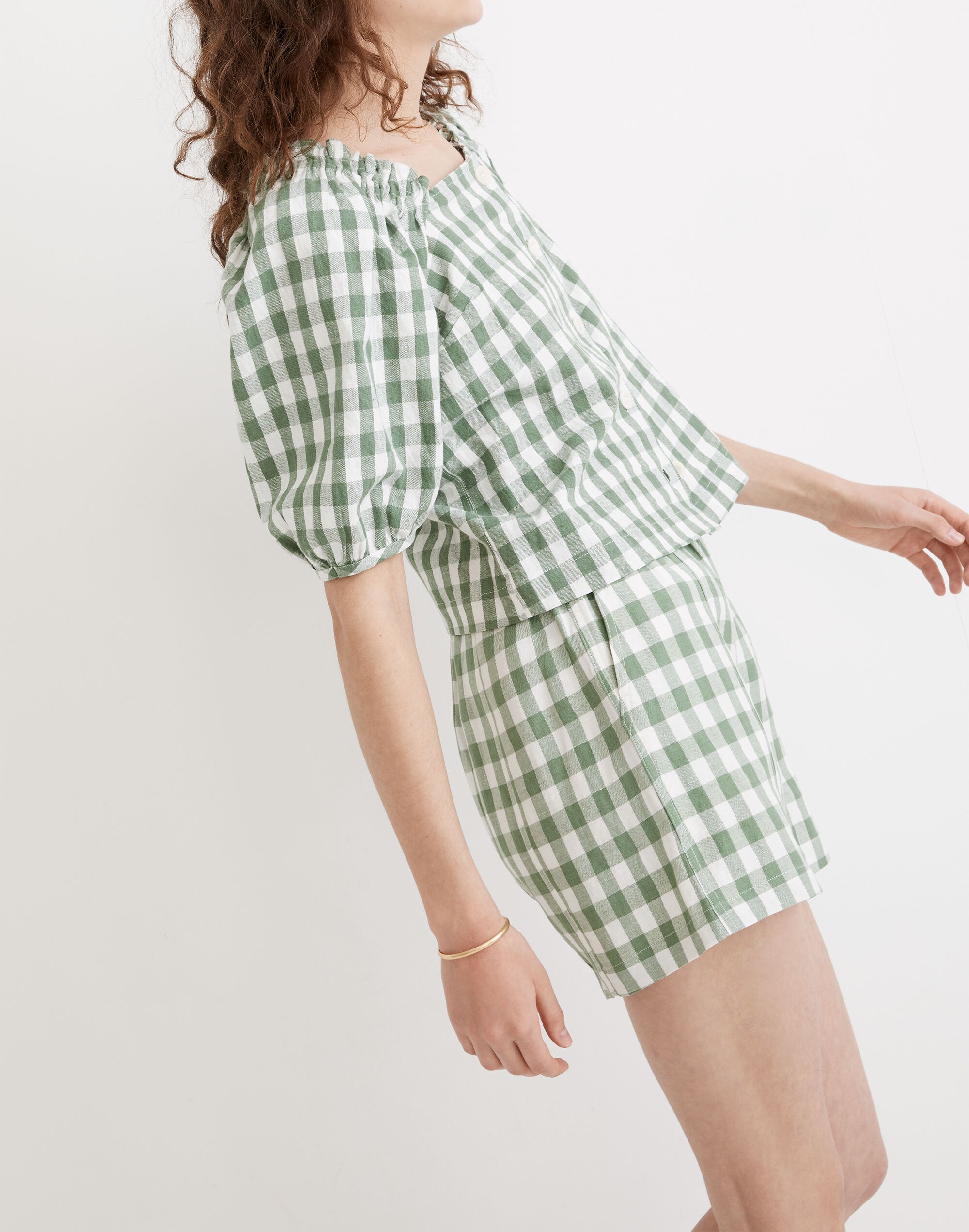 Linen-Cotton Square-Neck Button-Front Top in Gingham Check