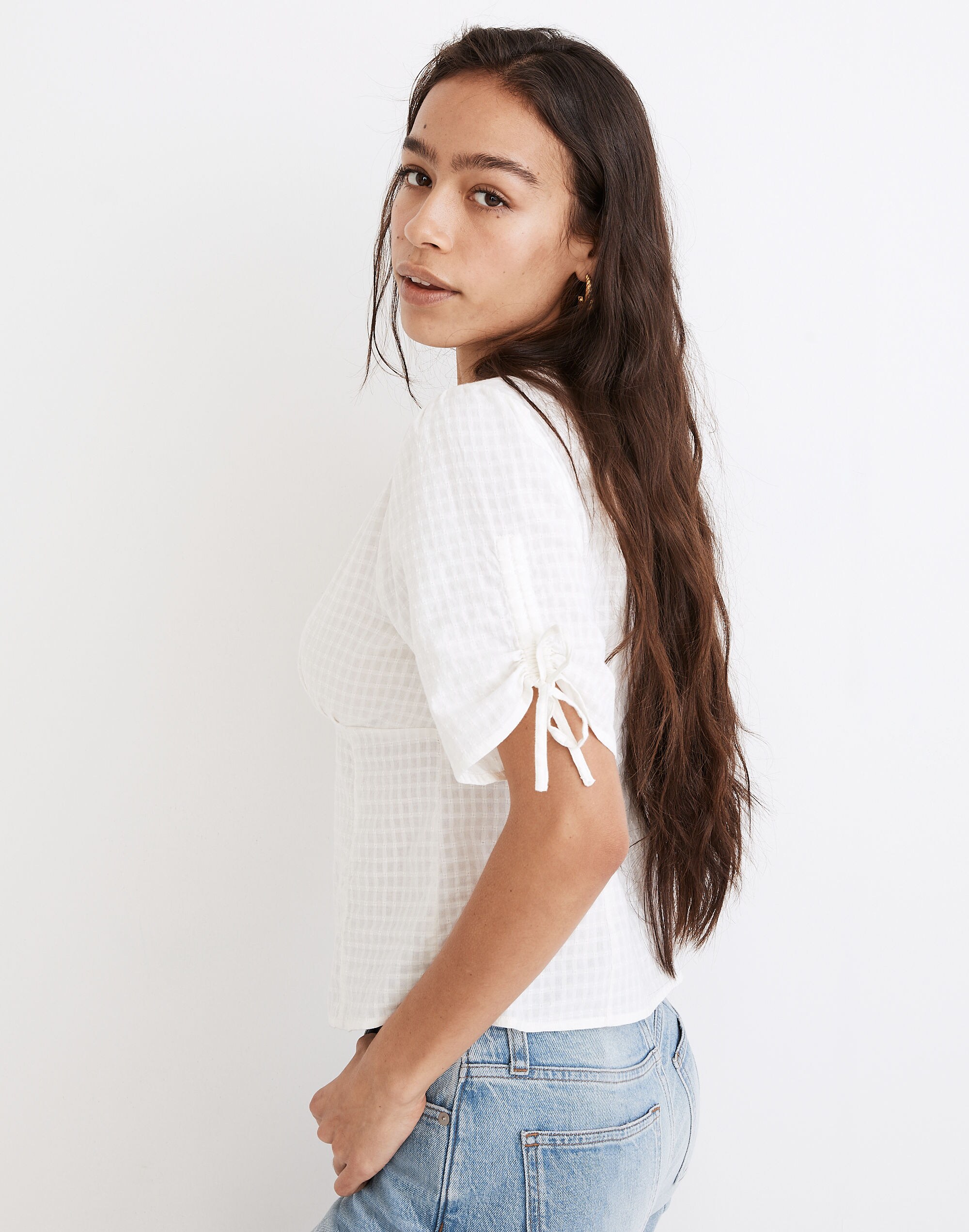 Tie-Sleeve Evie Top in Textured Gingham
