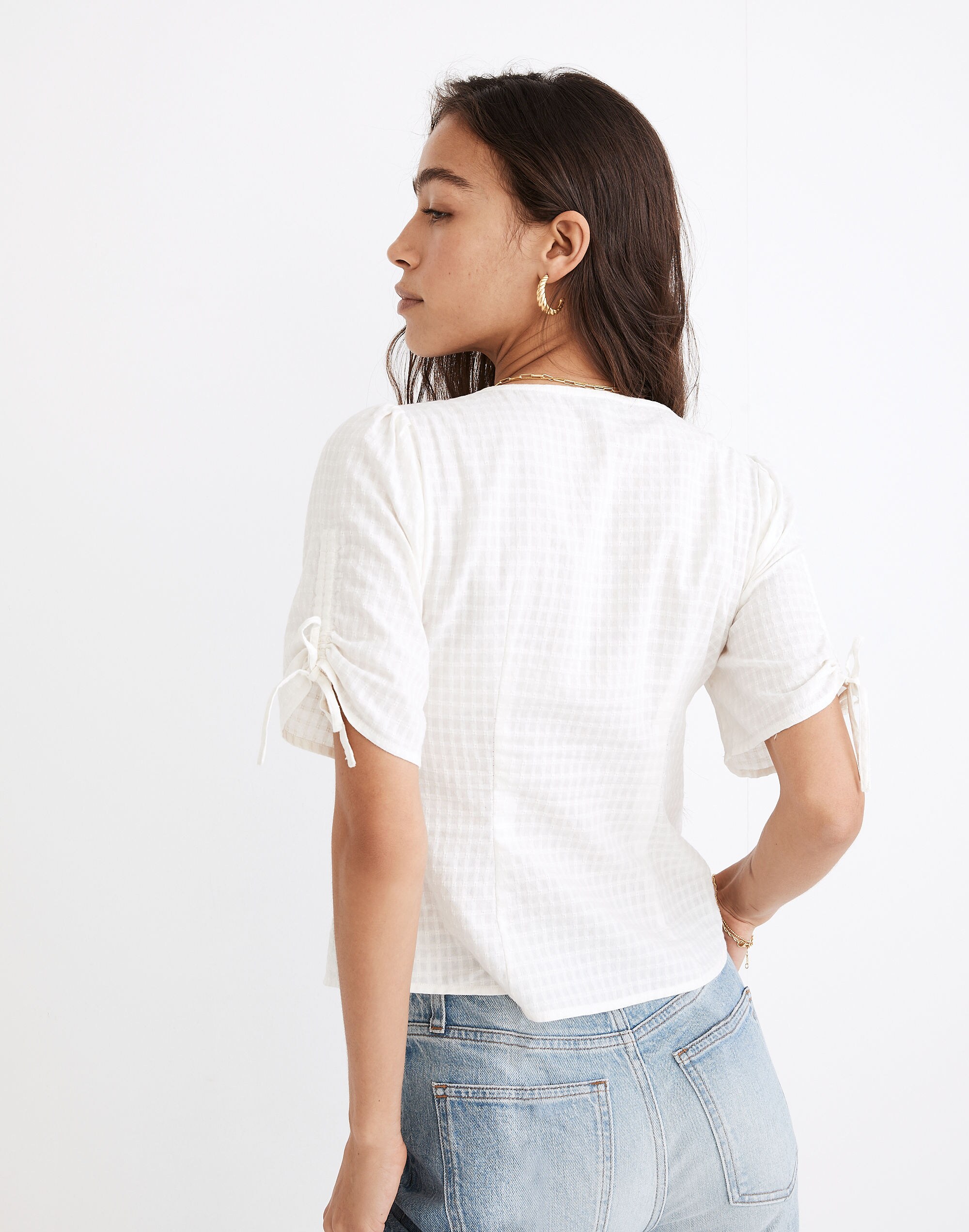 Tie-Sleeve Evie Top in Textured Gingham