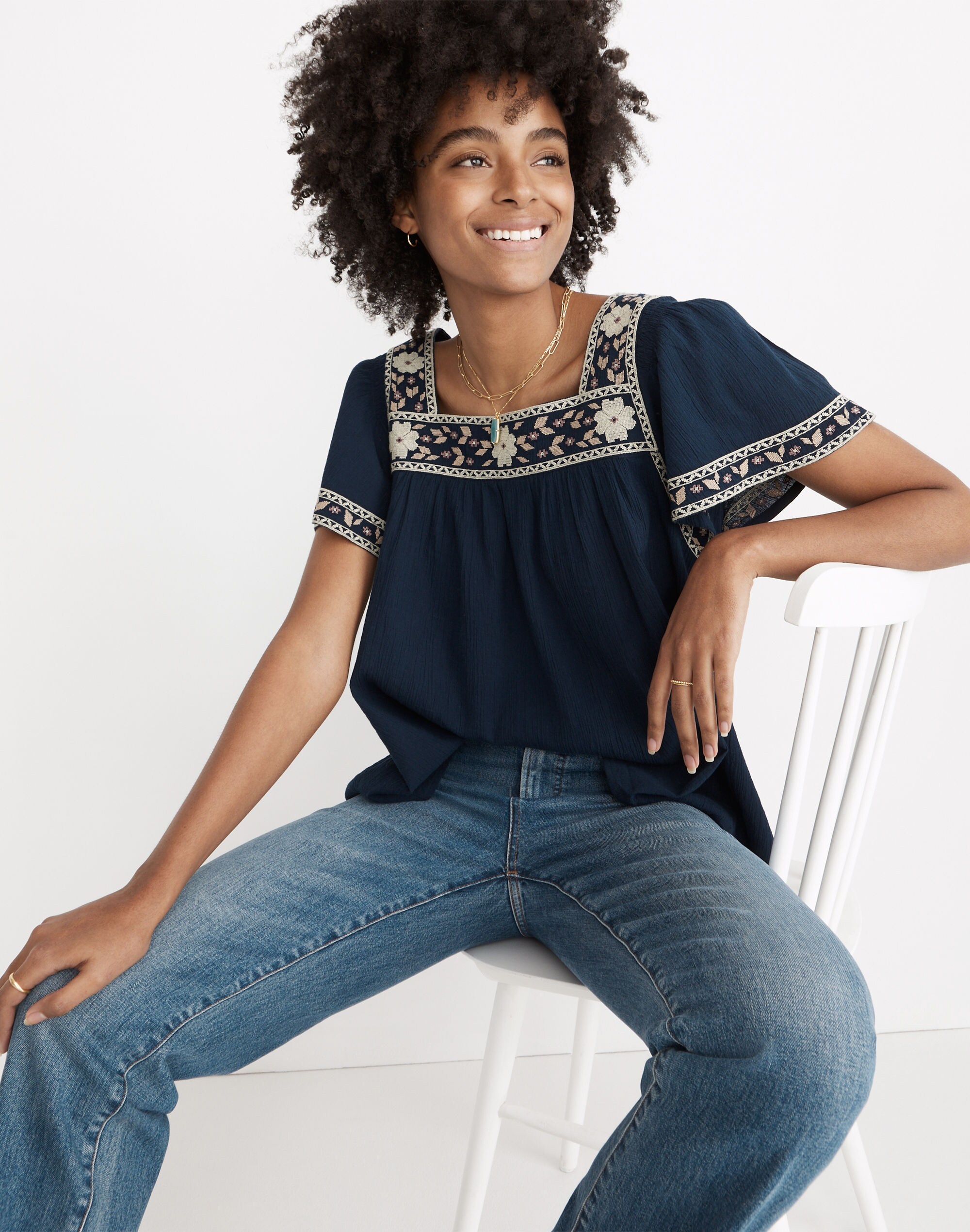 Embroidered Square-Neck Top