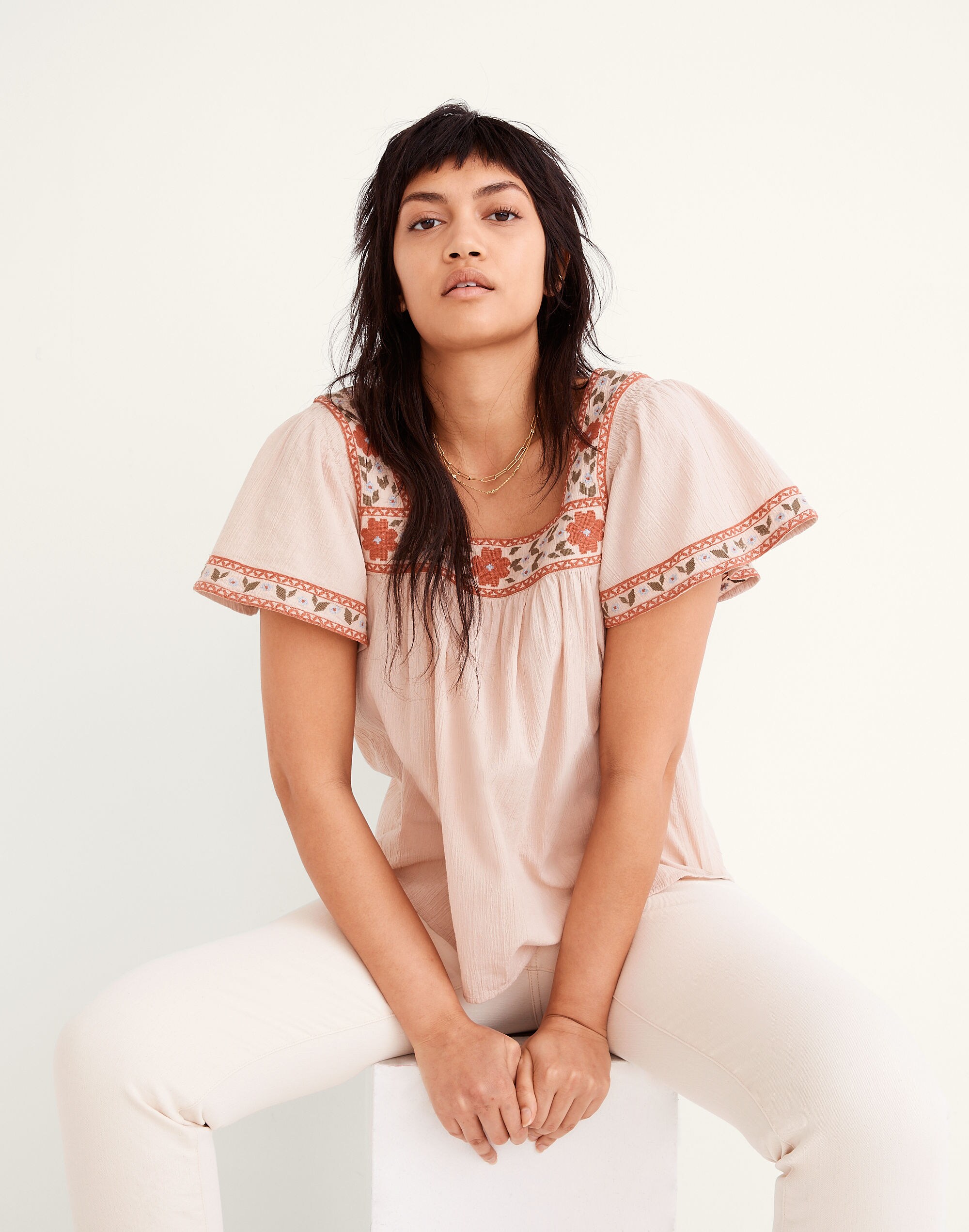 Embroidered Square-Neck Top