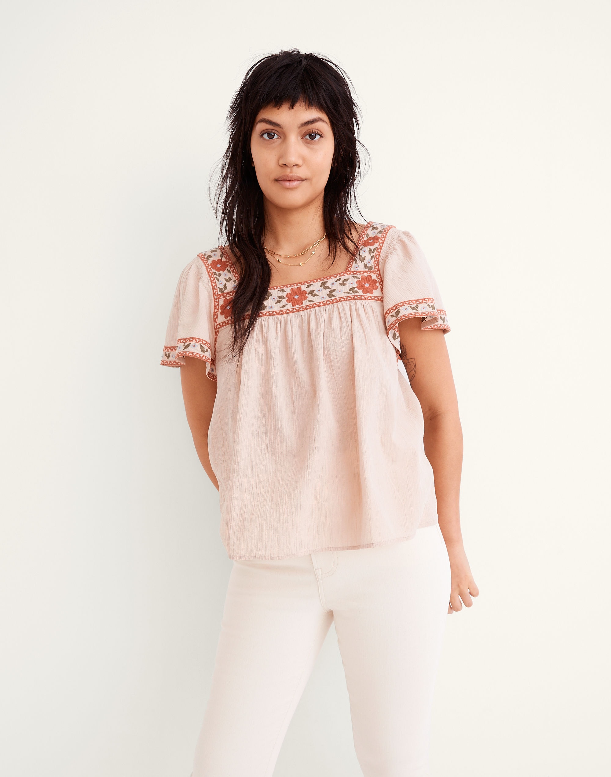 Embroidered Square-Neck Top