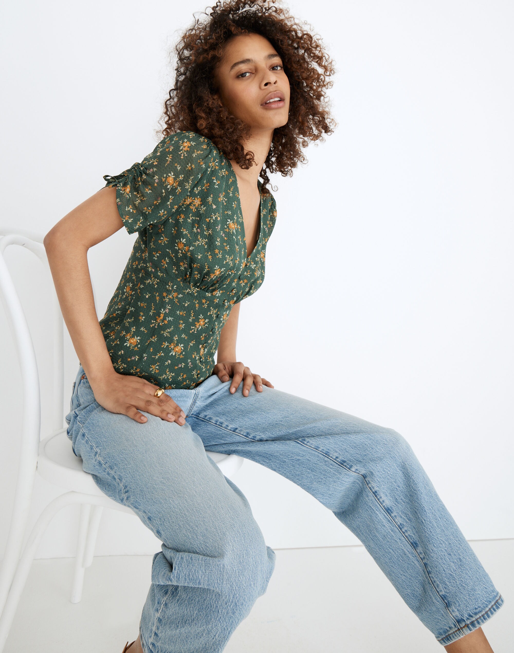 Silk Evie Tie-Sleeve Top in Fresh Sprigs