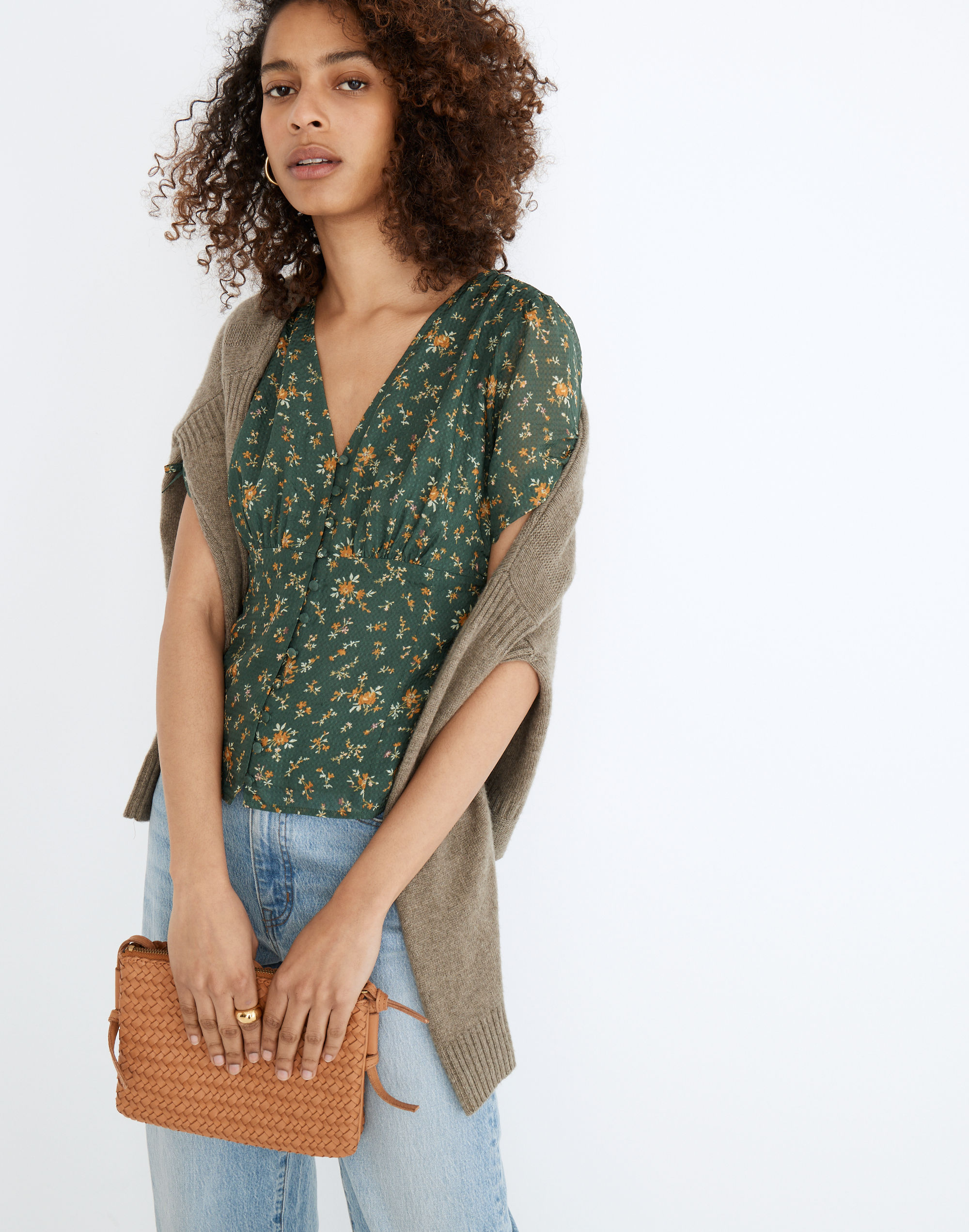 silk evie tie-sleeve top in fresh sprigs