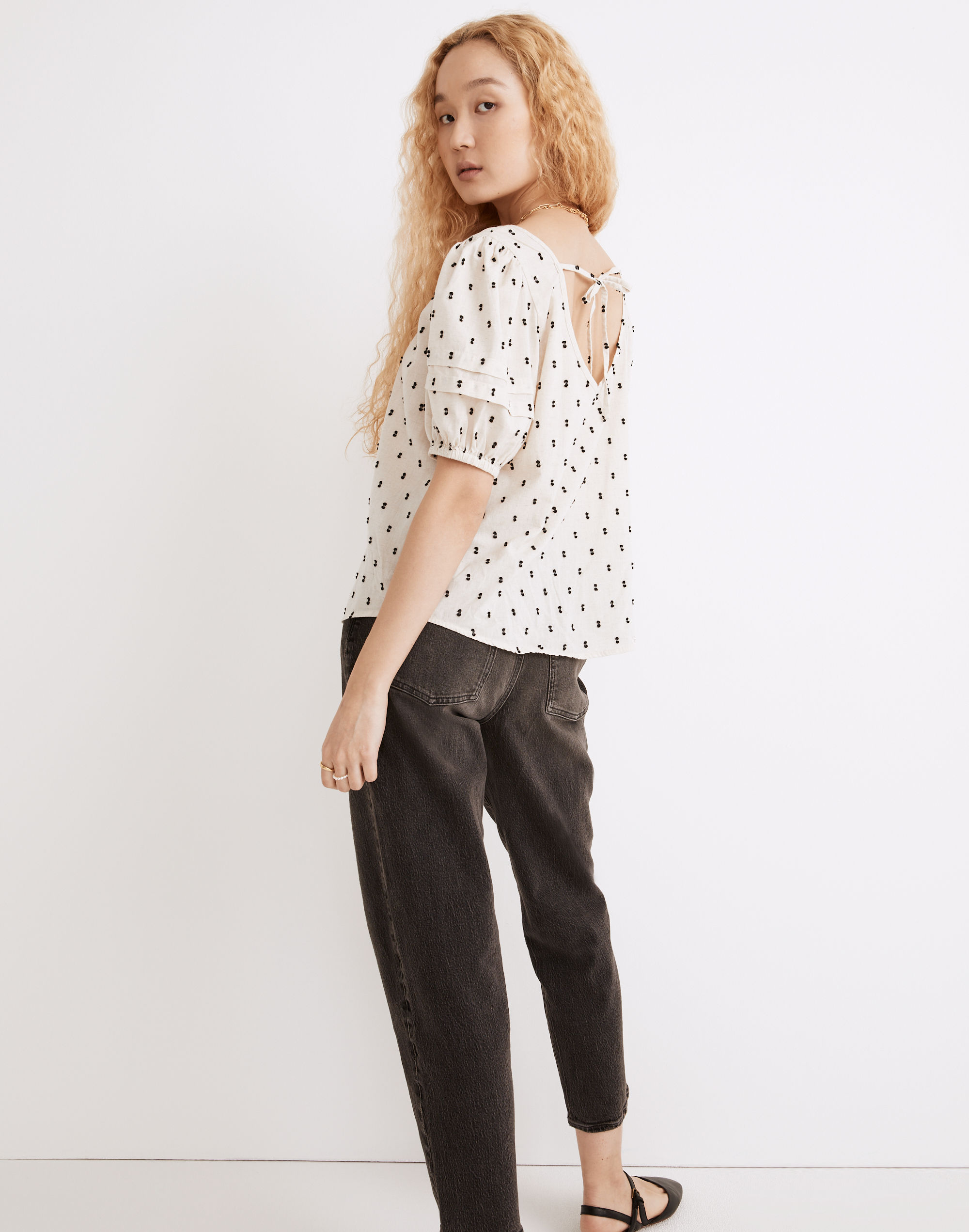 Tie-Back Puff-Sleeve Top in Clip Dot