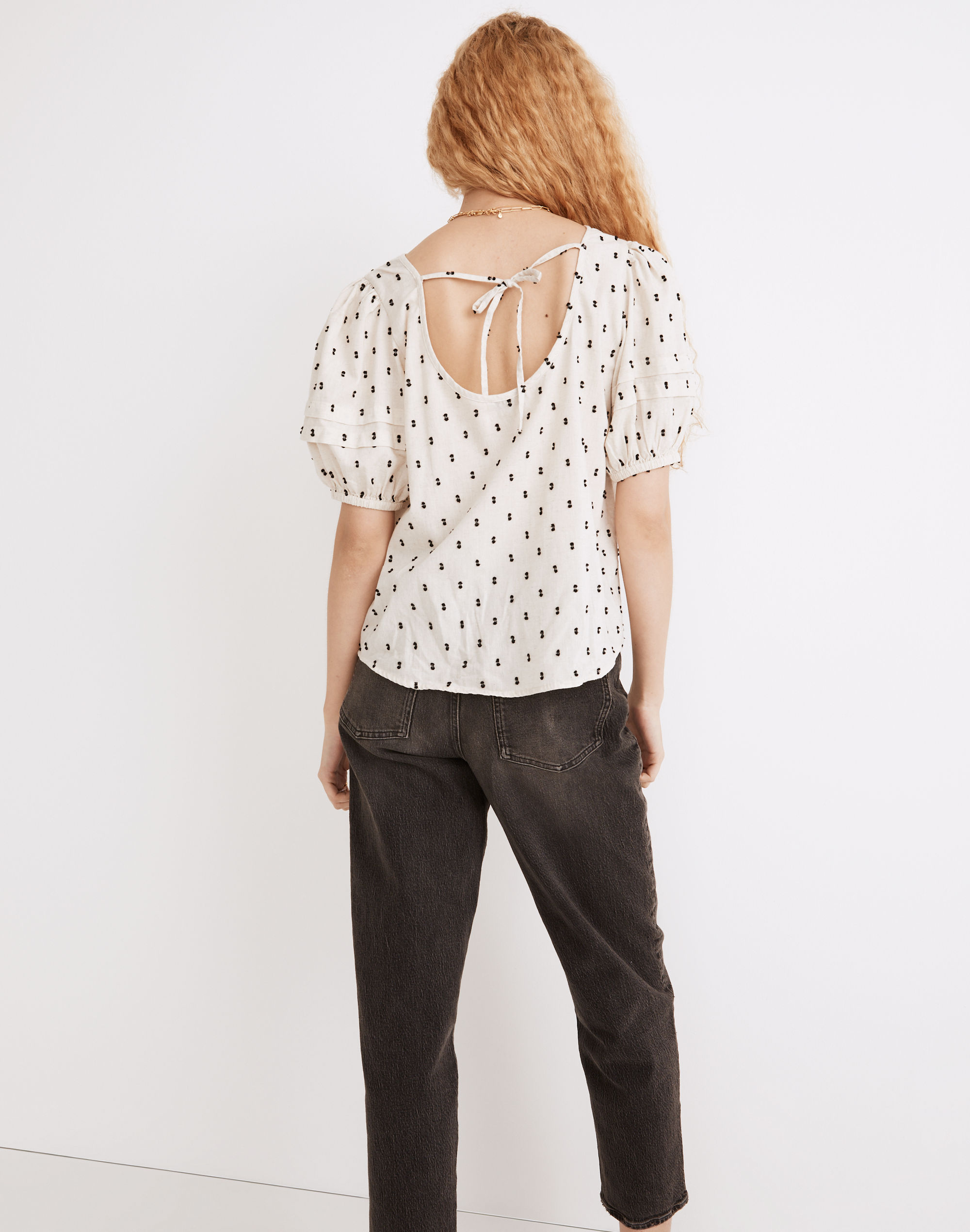 Tie-Back Puff-Sleeve Top in Clip Dot