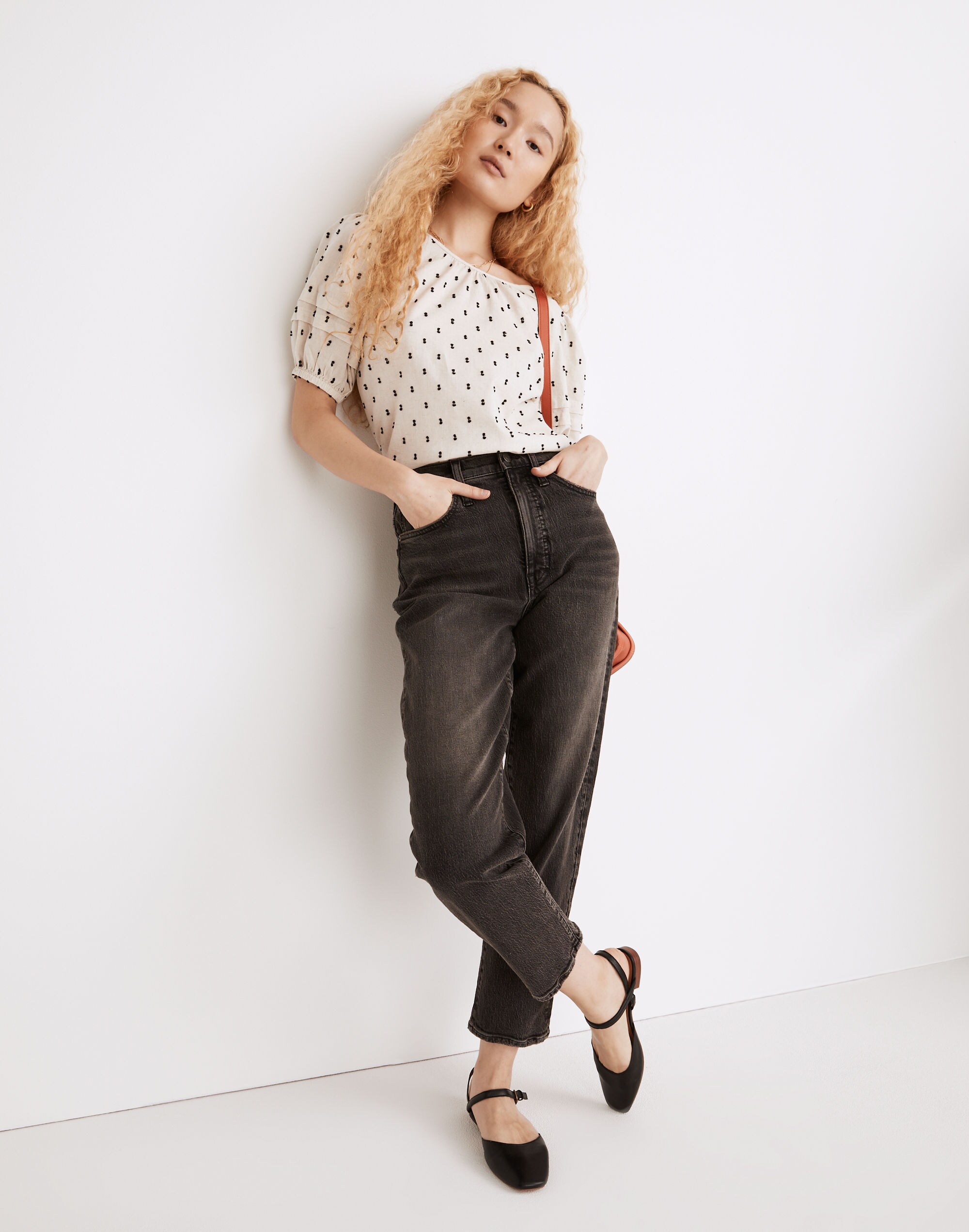 Tie-Back Puff-Sleeve Top in Clip Dot