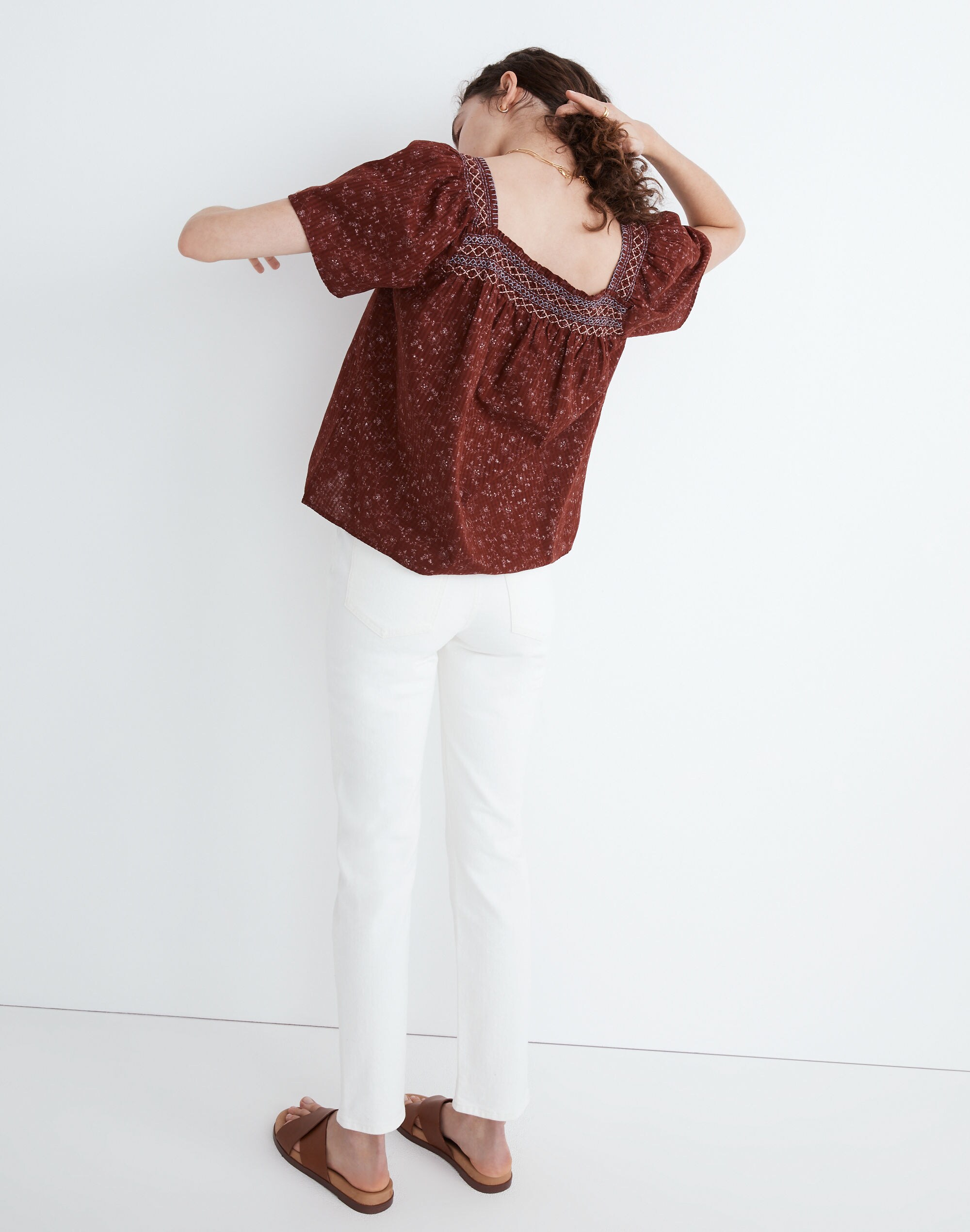 Square-Neck Smocked Top in Dotted Vines