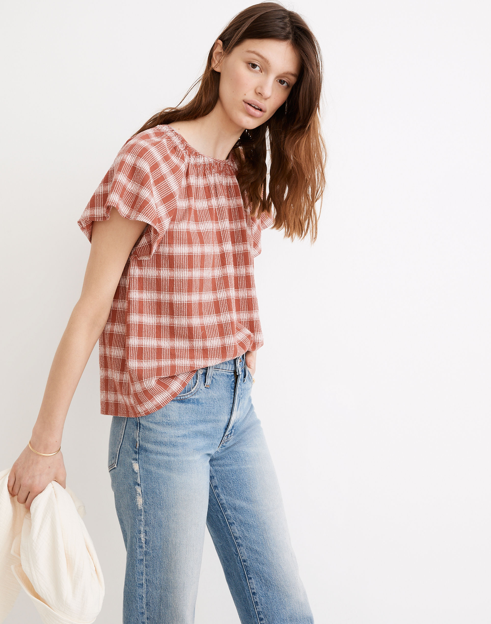 Plaid Gauze Flutter-Sleeve Top