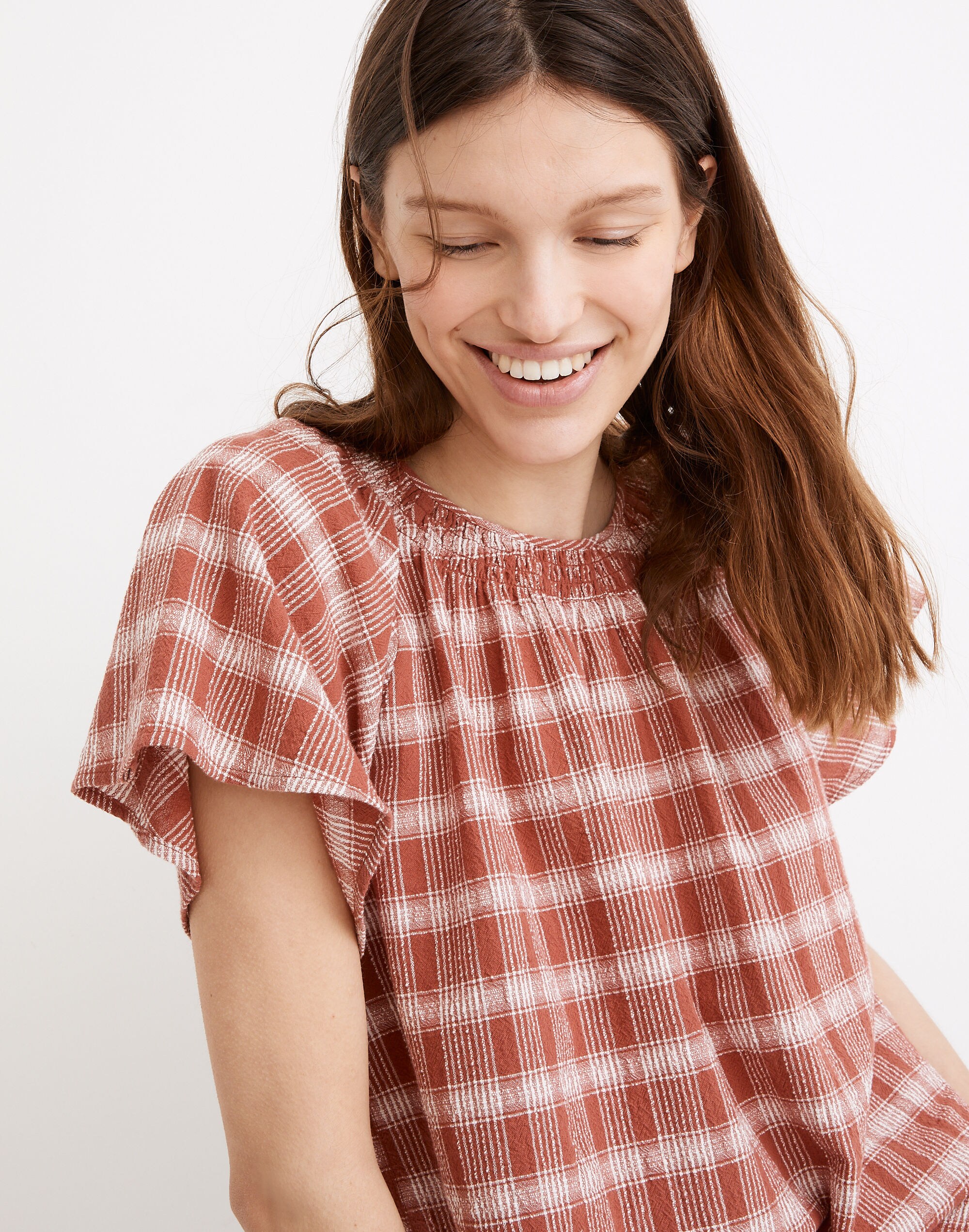 Plaid Gauze Flutter-Sleeve Top