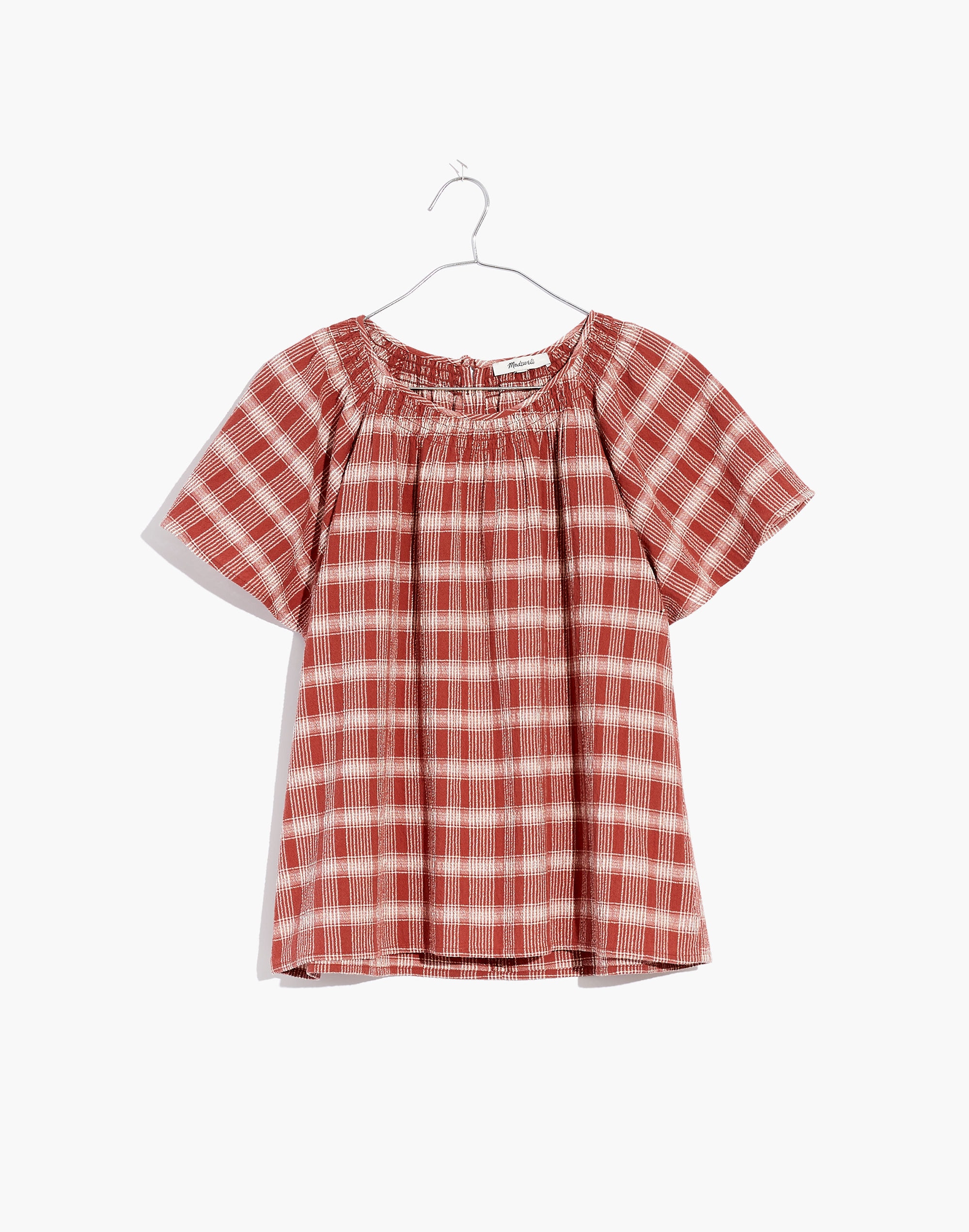 Plaid Gauze Flutter-Sleeve Top