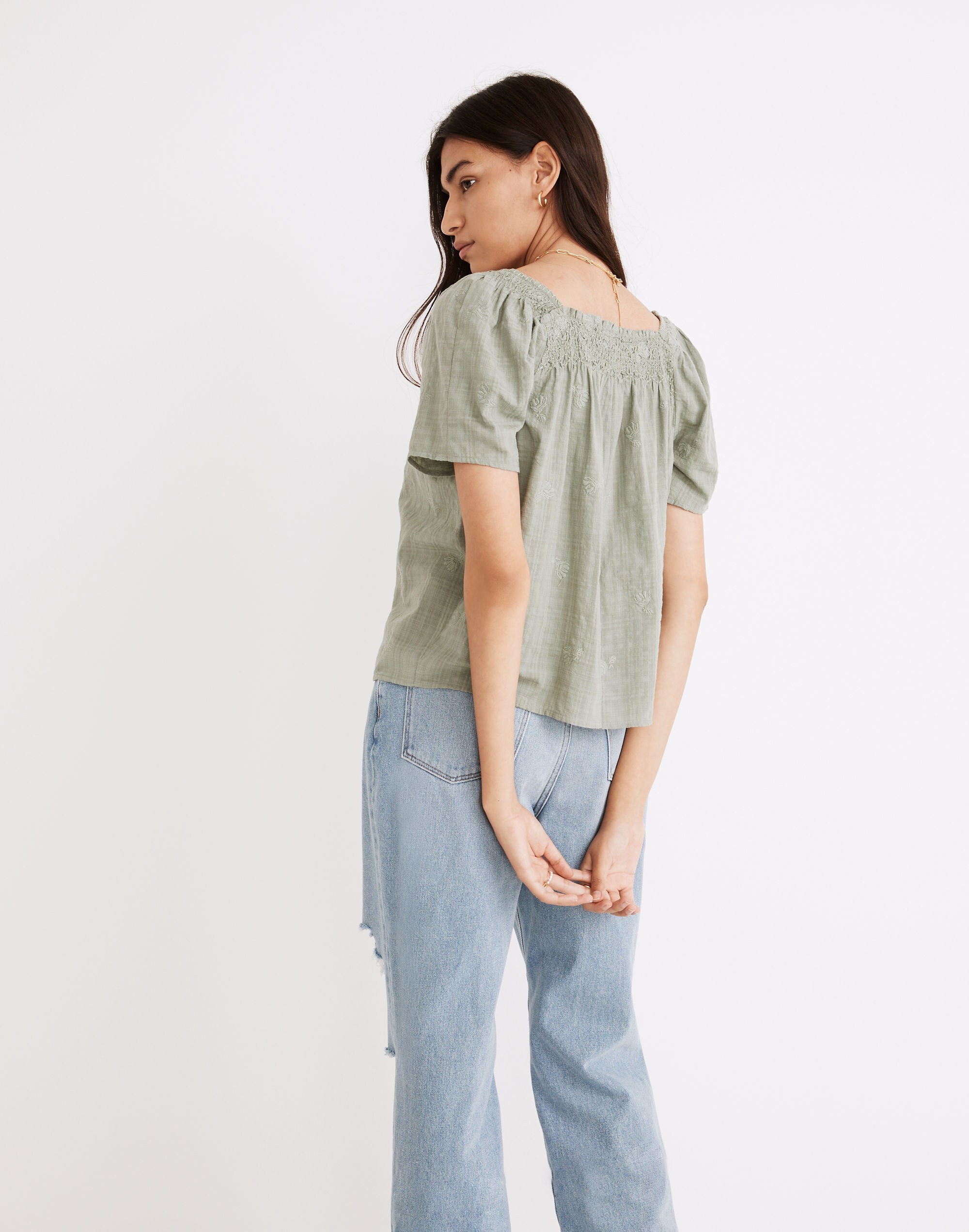 Square-Neck Smocked Top in Dotted Vines