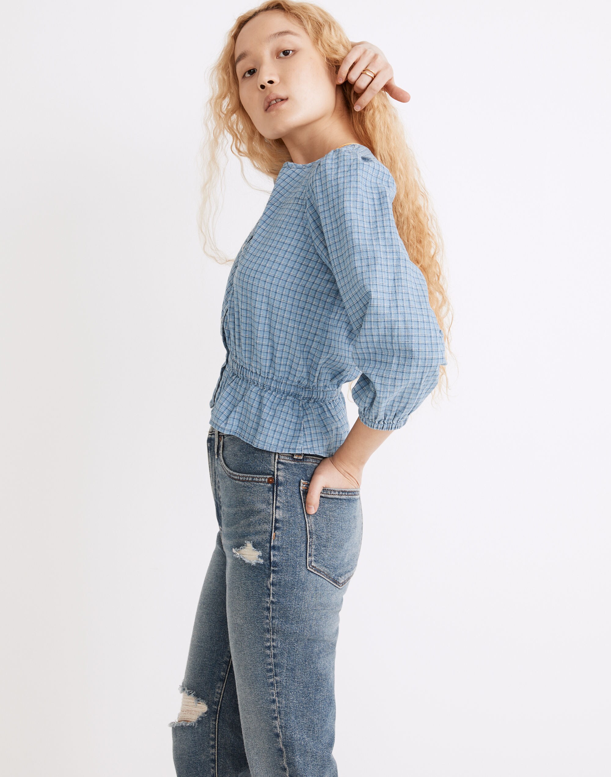 Chambray Puff-Sleeve Peplum Top in Windowpane