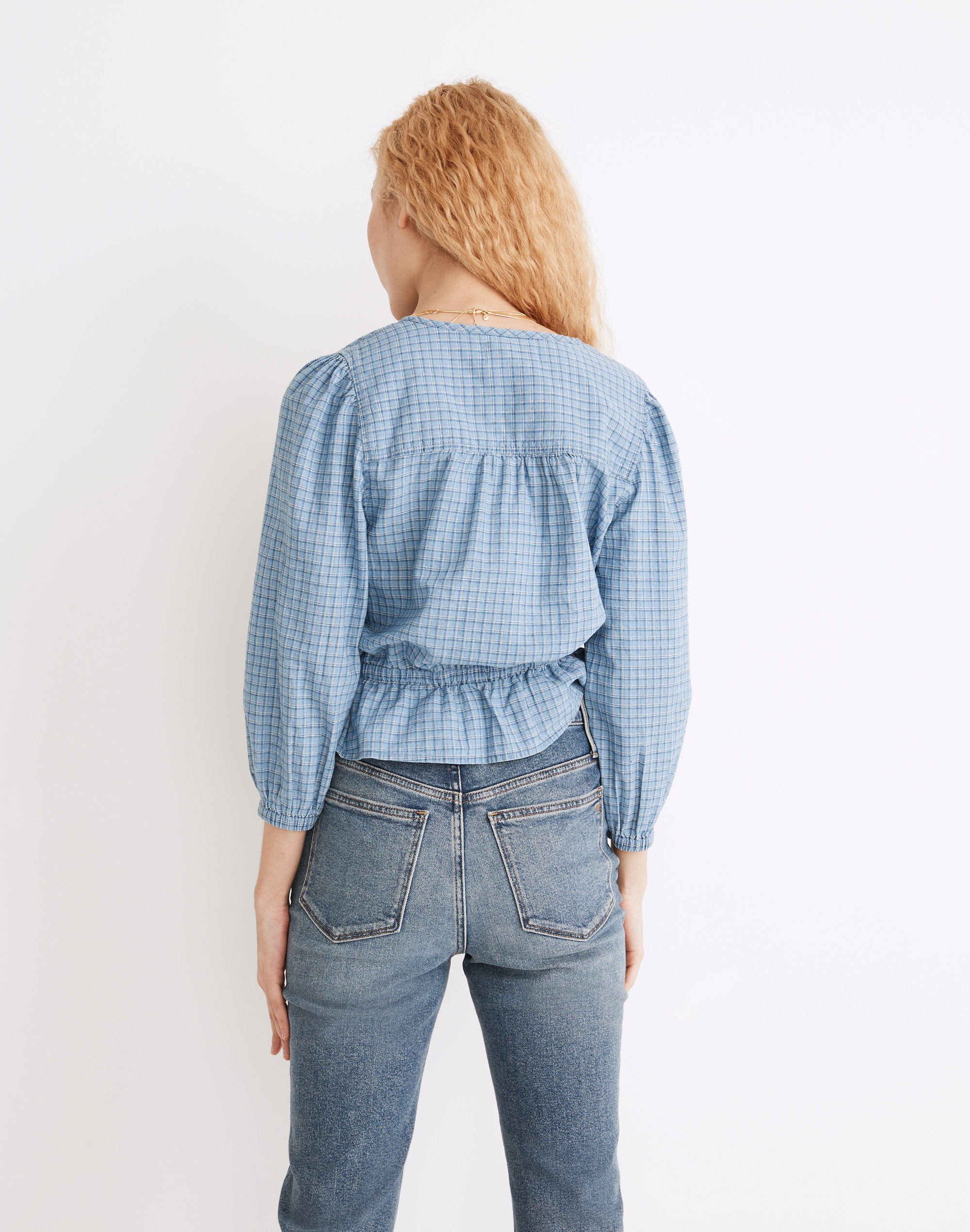Chambray Puff-Sleeve Peplum Top in Windowpane