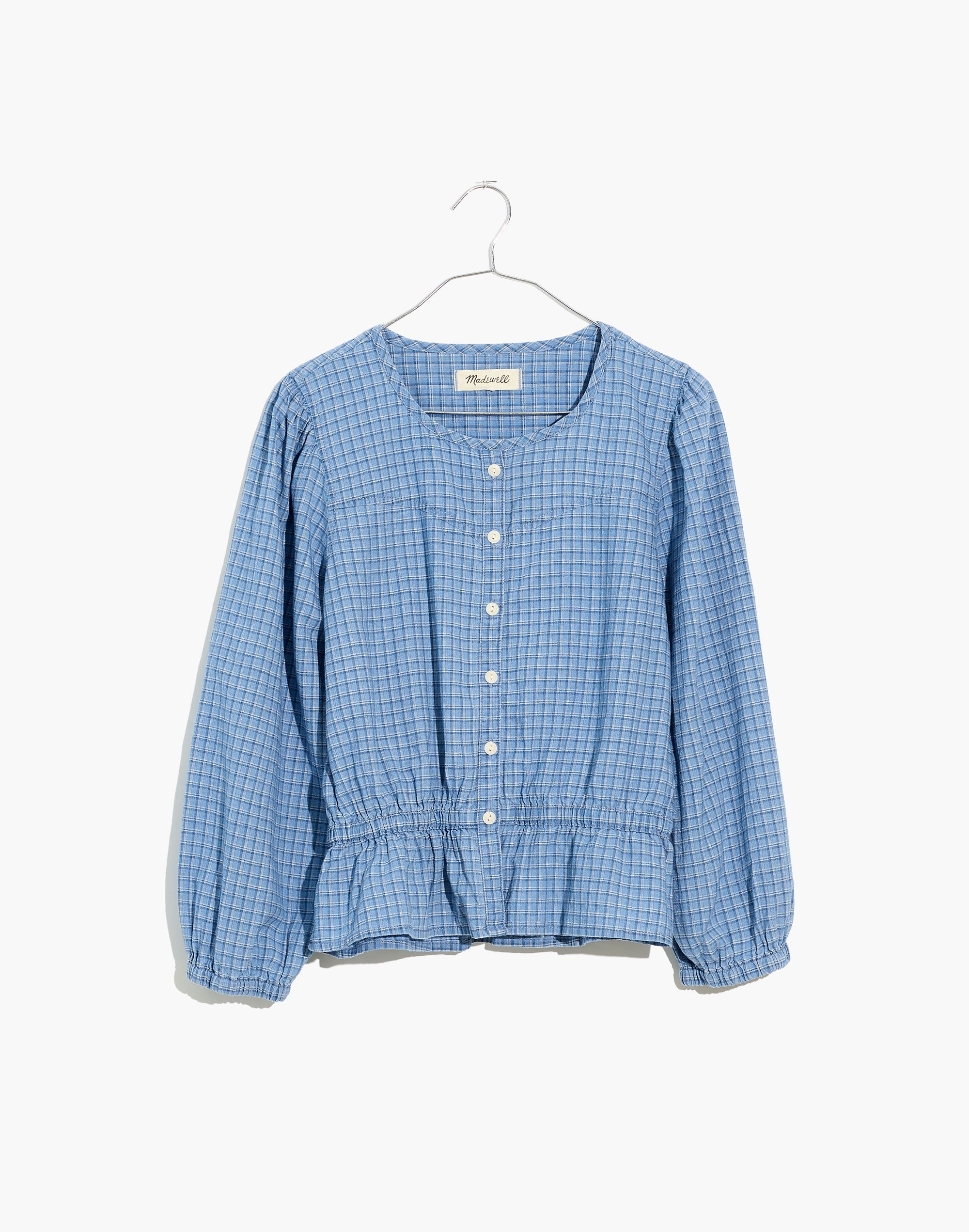Chambray Puff-Sleeve Peplum Top in Windowpane