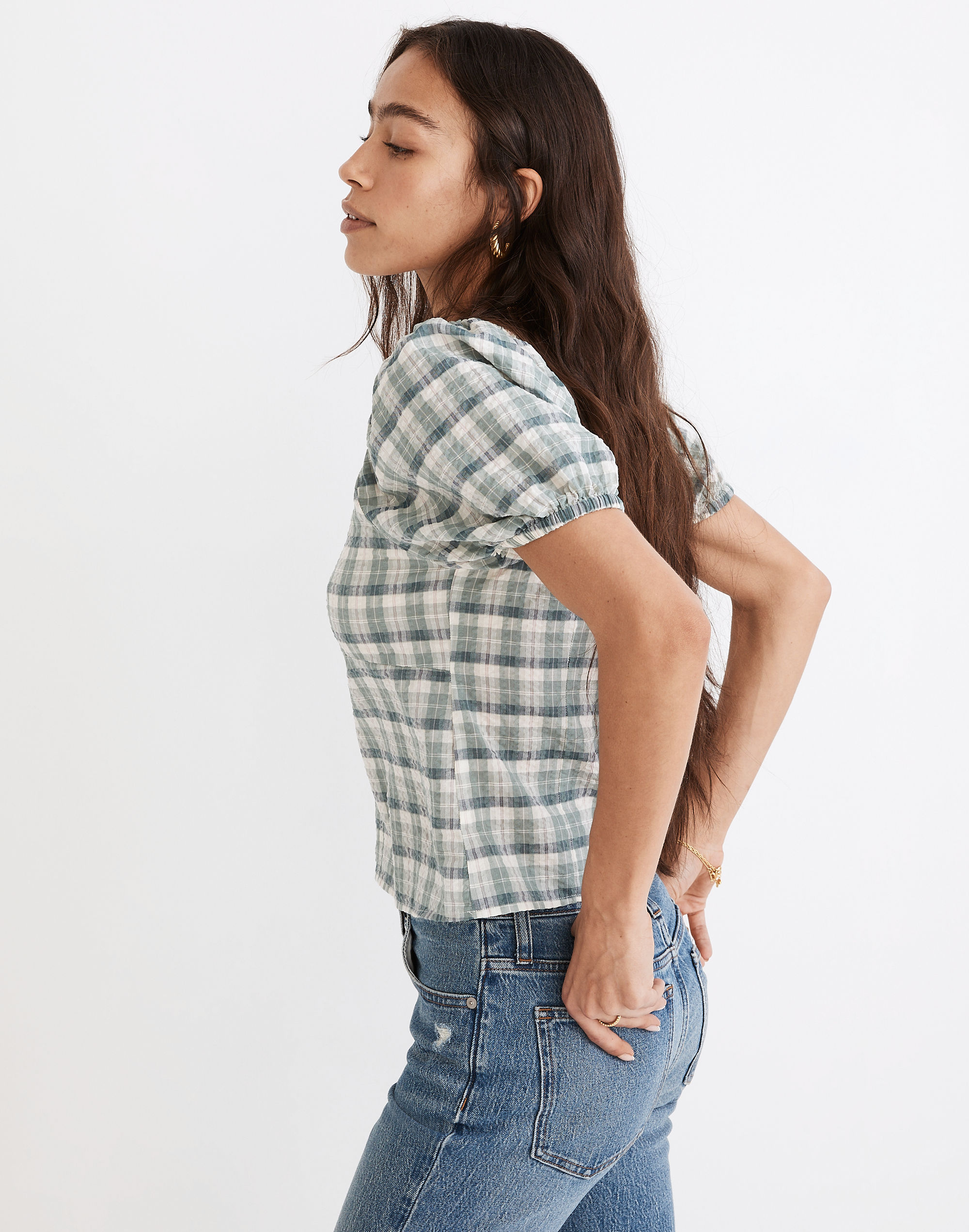 Plaid Puff-Sleeve Ruched Bodice Top