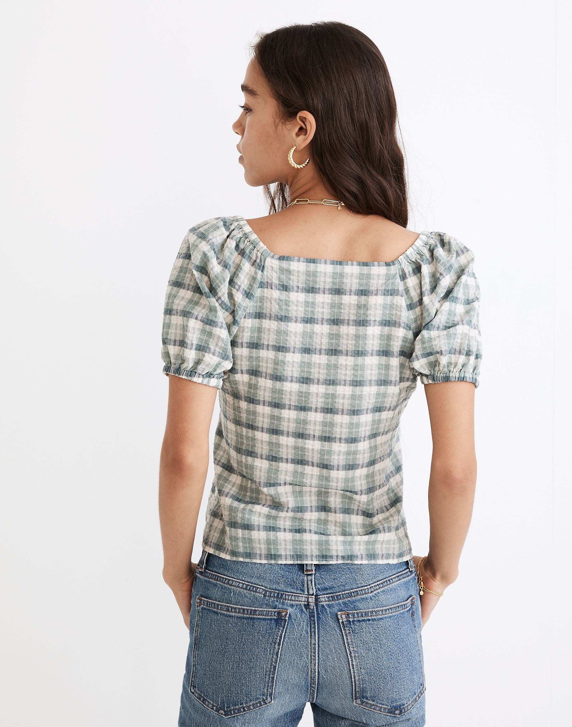 Plaid Puff-Sleeve Ruched Bodice Top