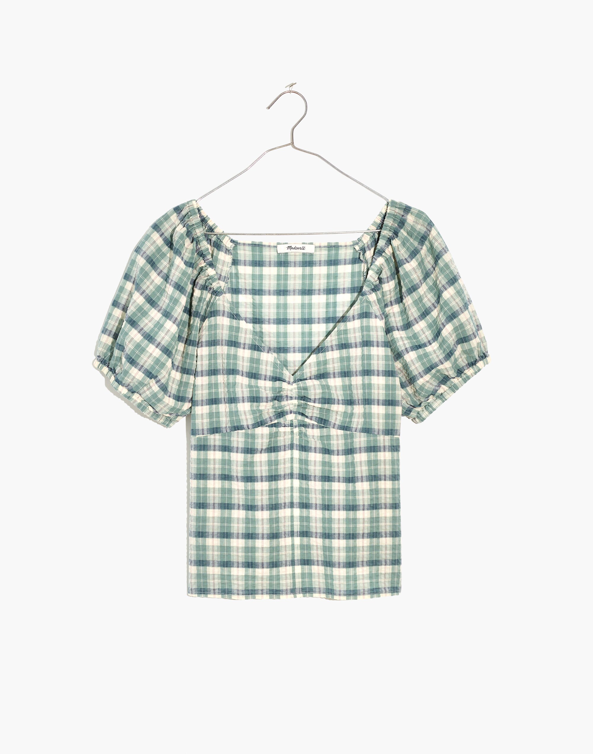 Plaid Puff-Sleeve Ruched Bodice Top