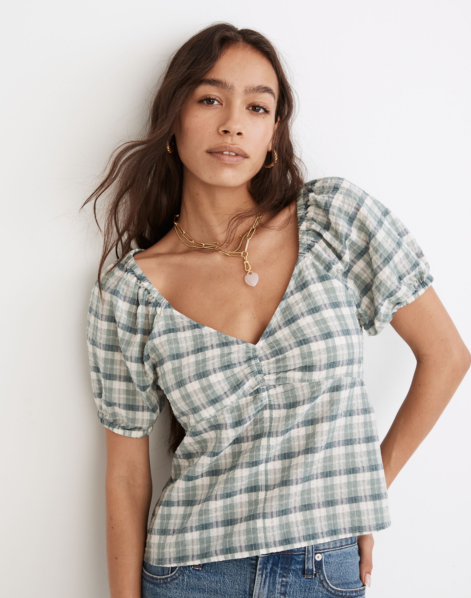 Plaid Puff-Sleeve Ruched Bodice Top