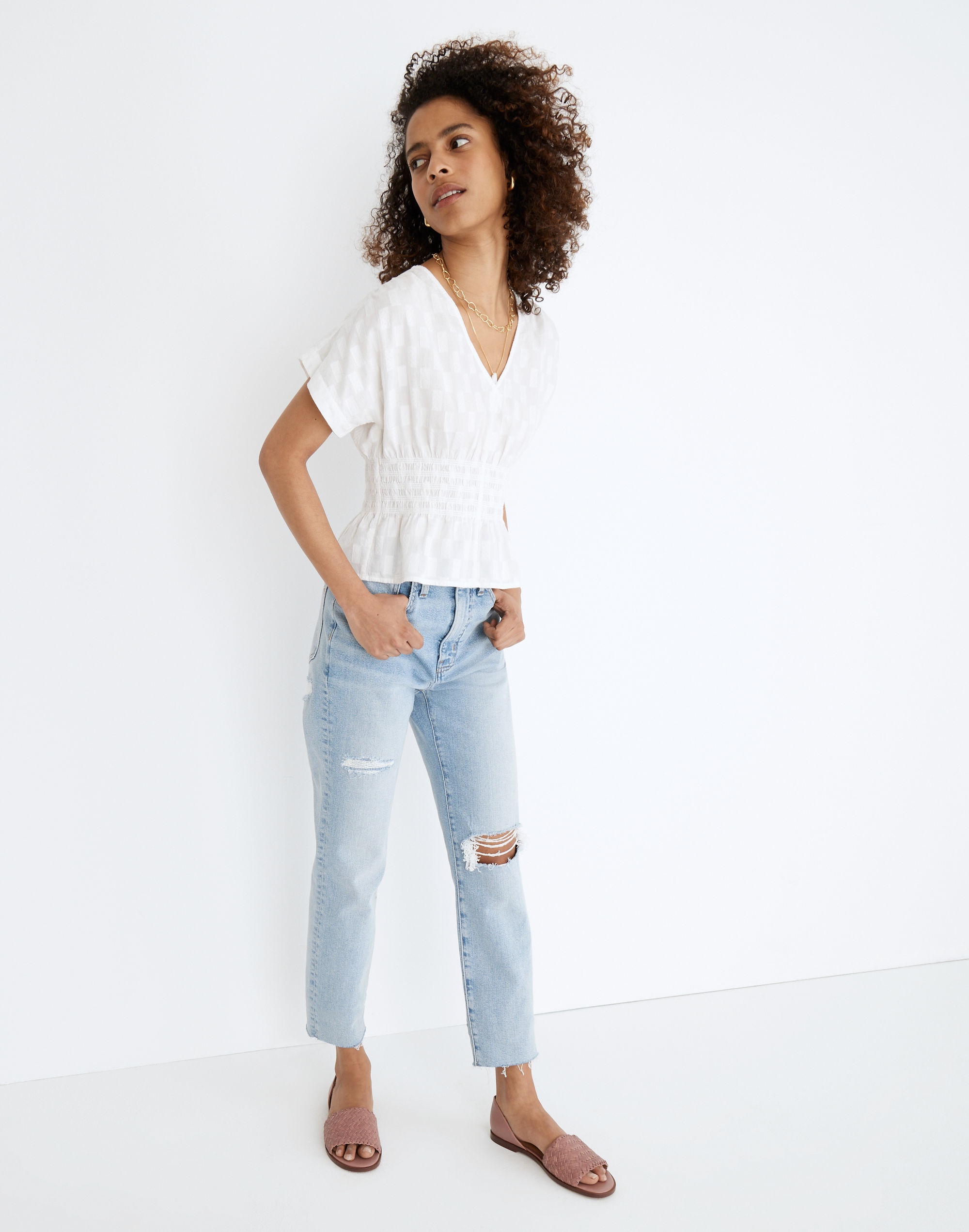 v-neck smocked-waist top in square jacquard