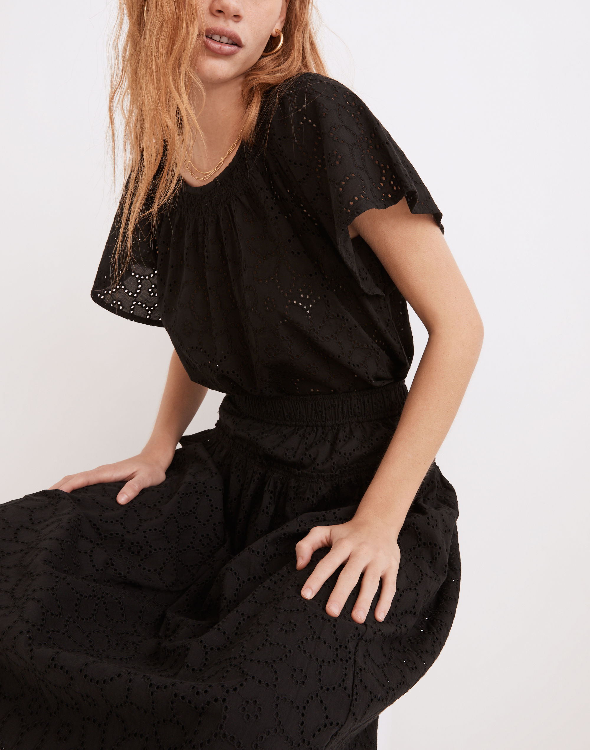 Eyelet Flutter-Sleeve Top