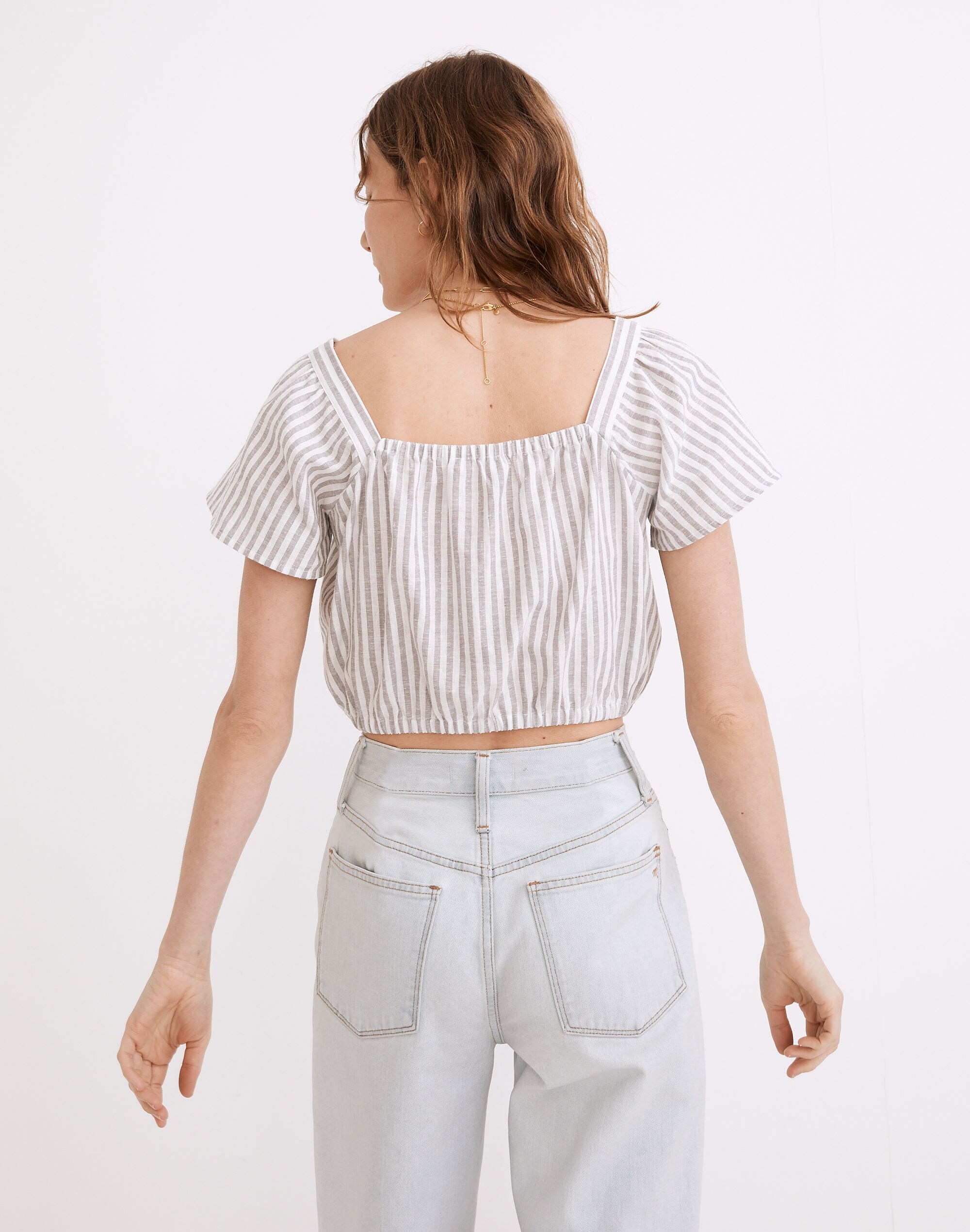 Flutter-Sleeve Button-Front Crop Top in Stripe