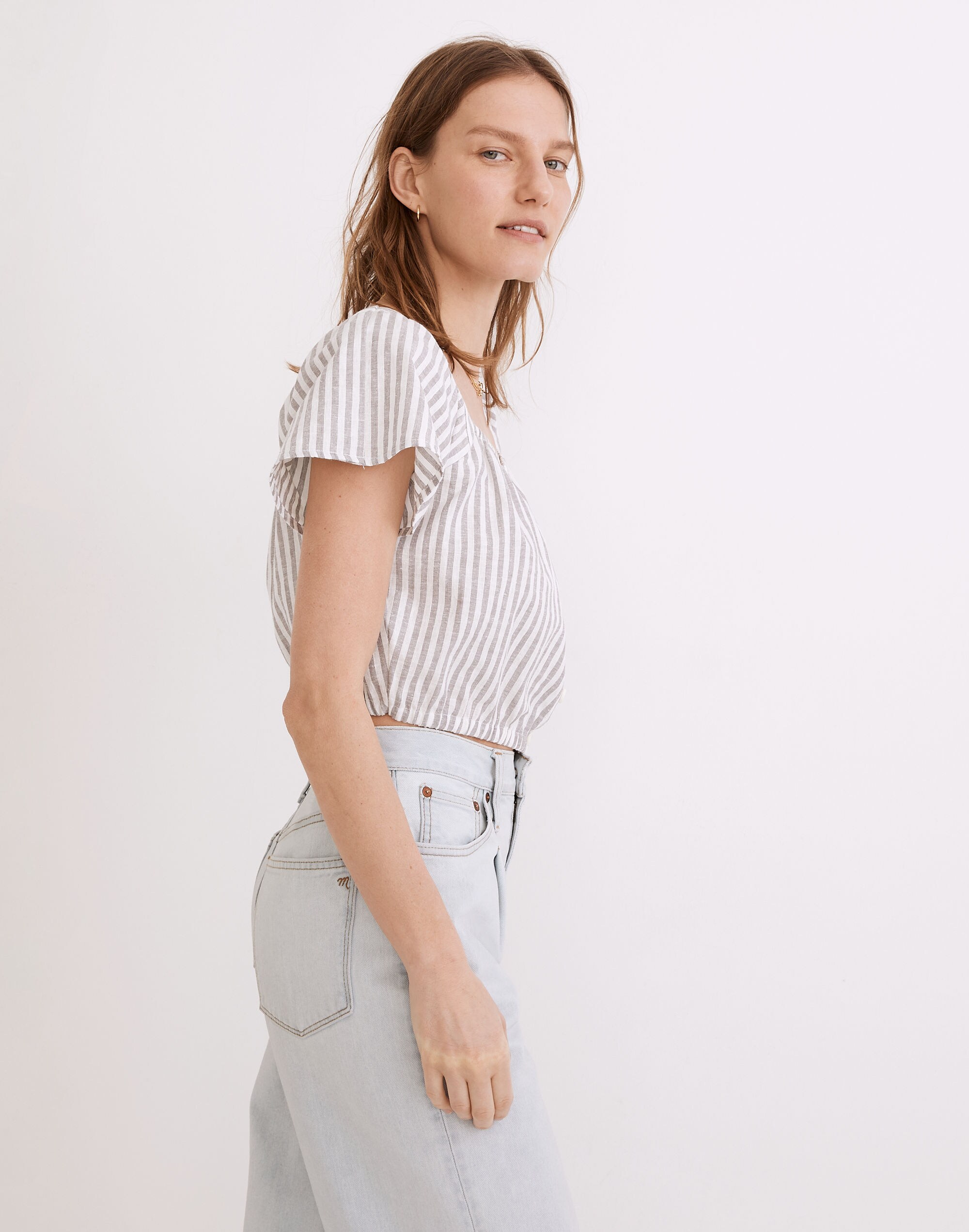 Flutter-Sleeve Button-Front Crop Top in Stripe