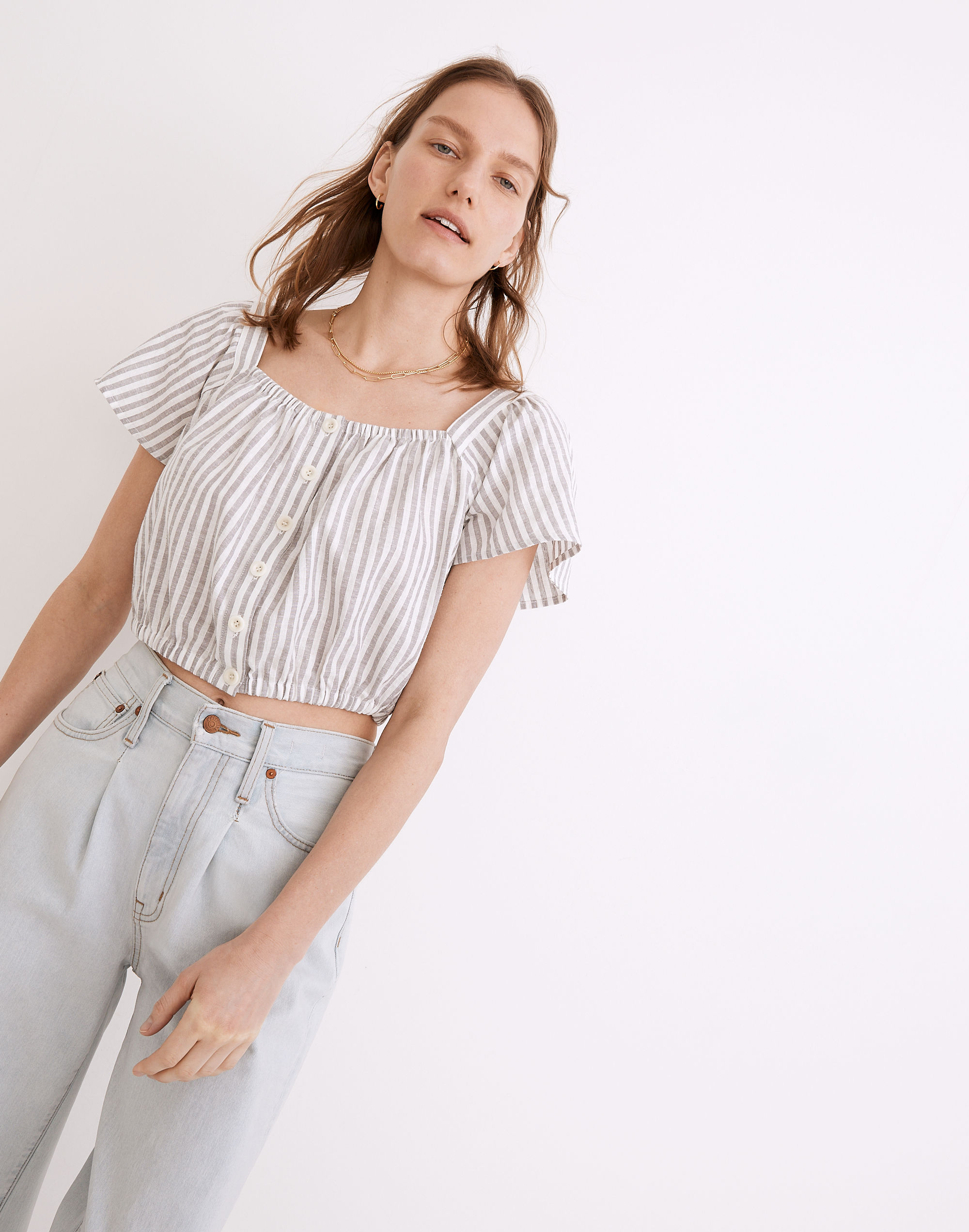 Flutter-Sleeve Button-Front Crop Top in Stripe