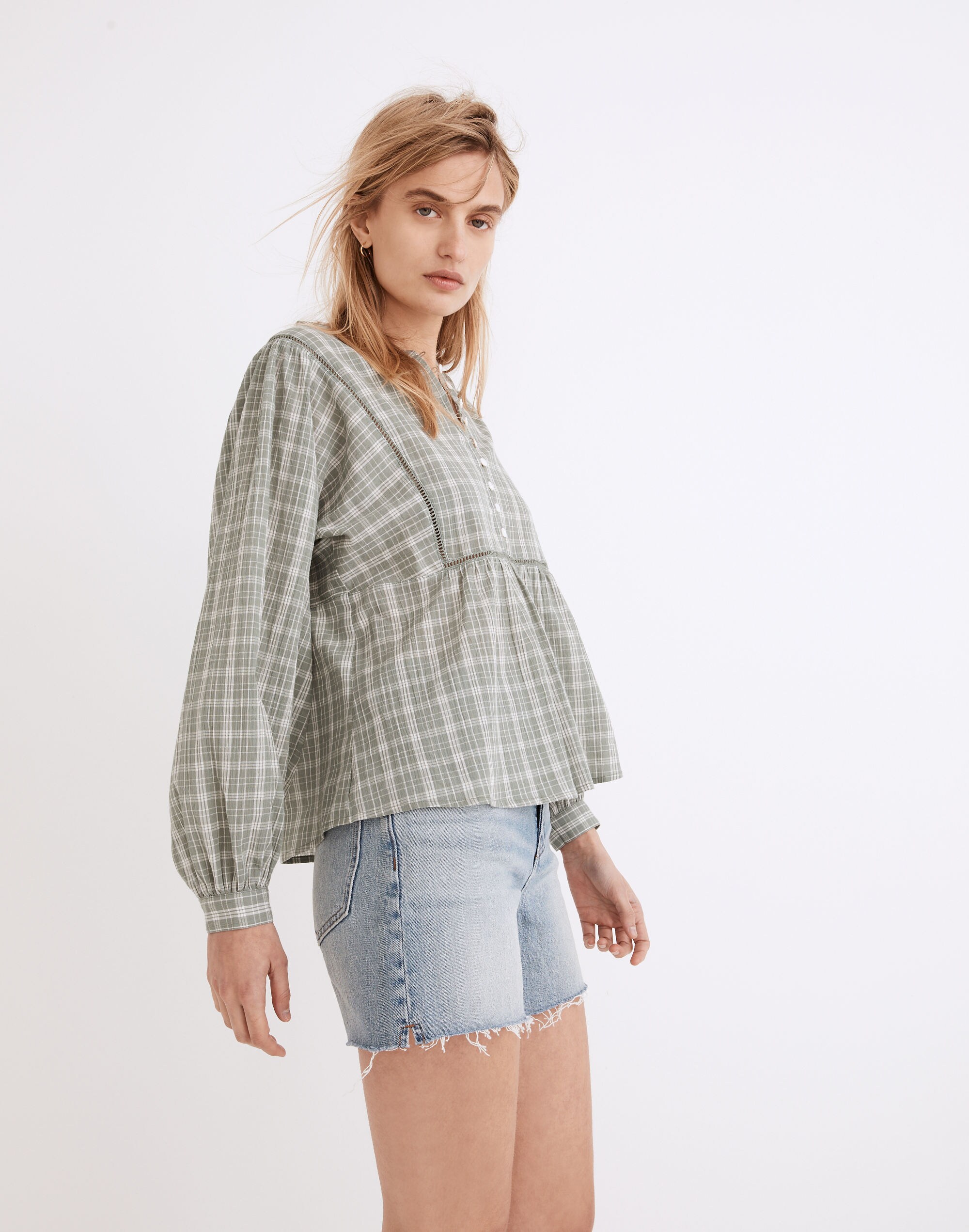 Plaid Bubble-Sleeve Peplum Top