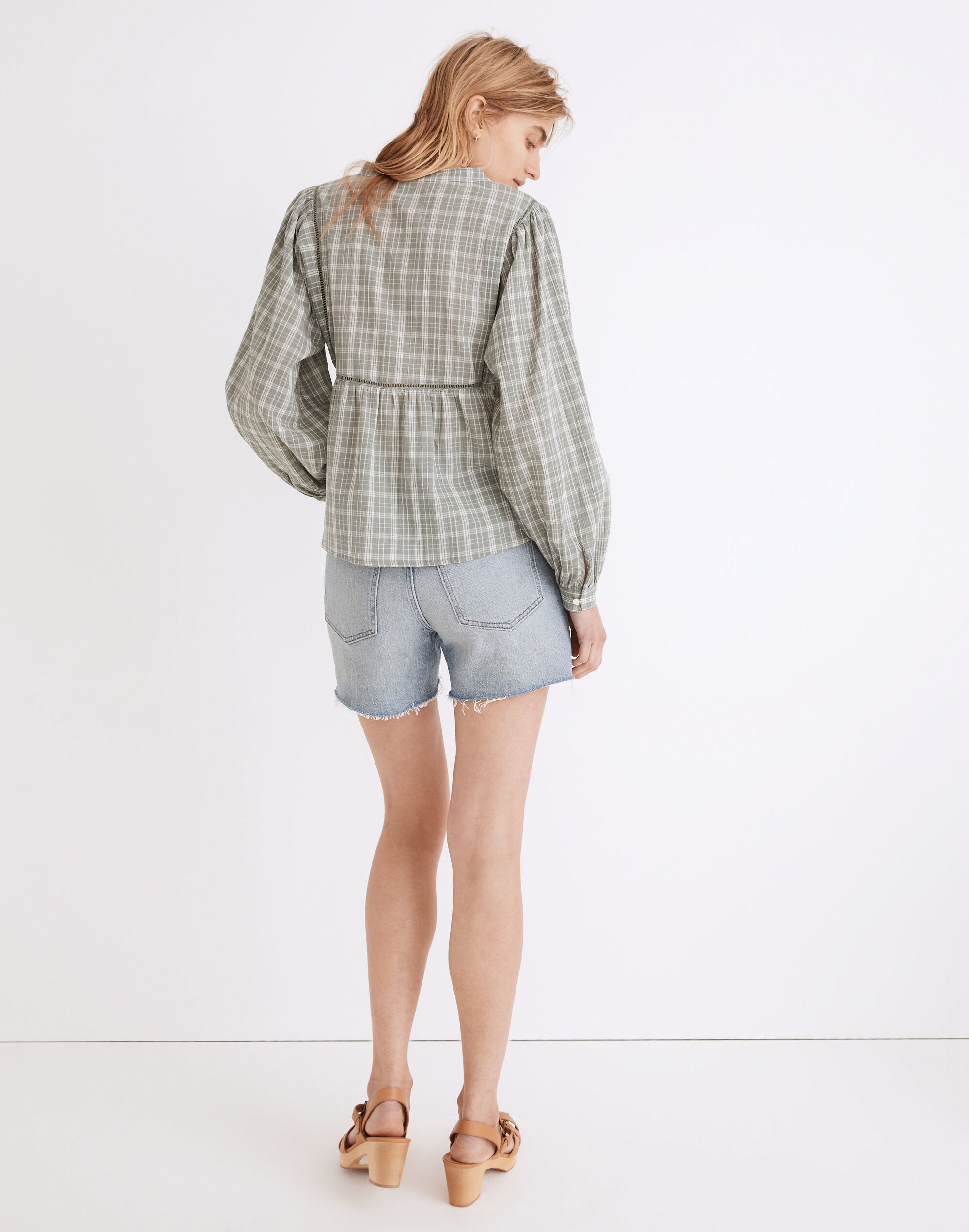 Plaid Bubble-Sleeve Peplum Top