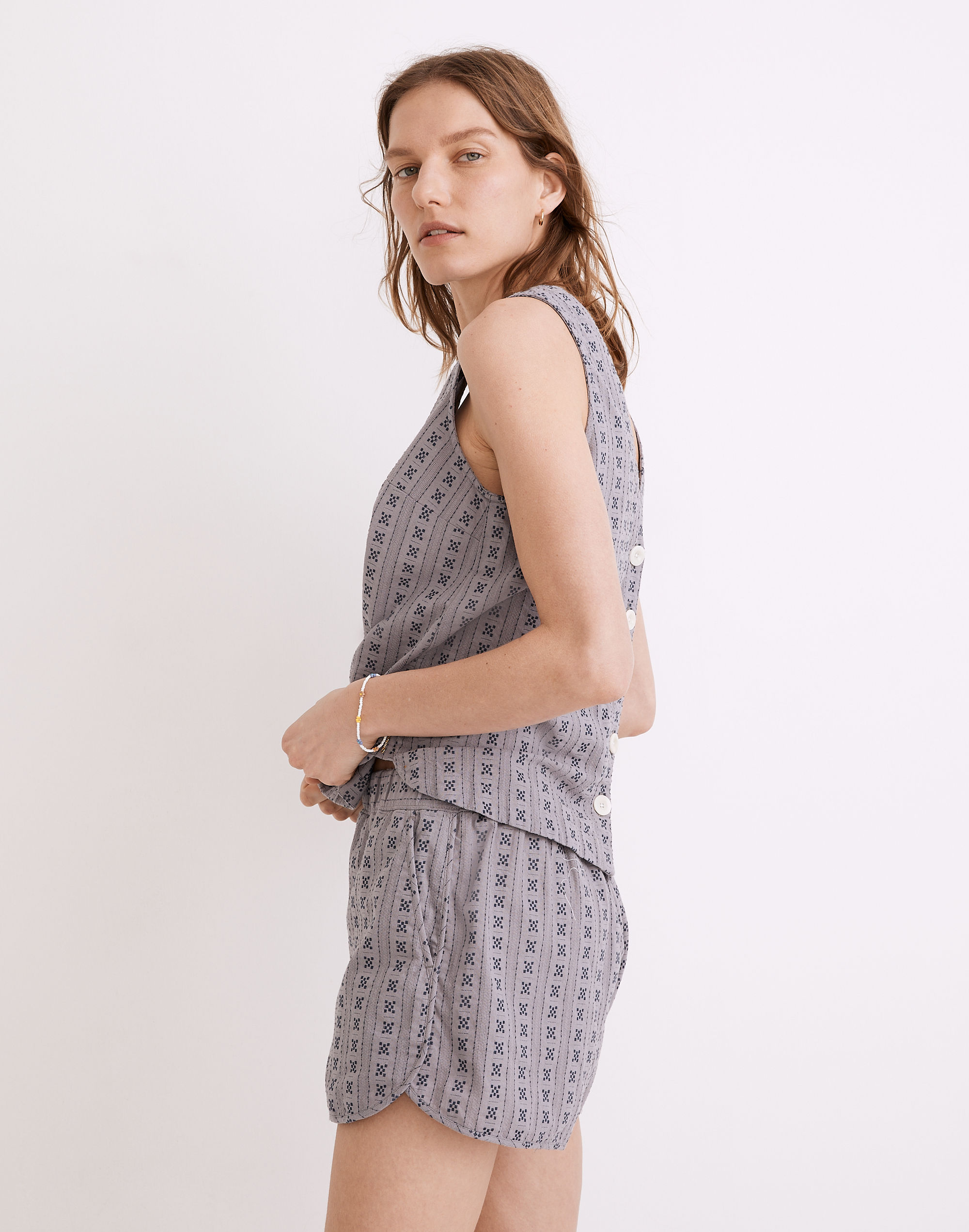 V-Neck Button-Back Sleeveless Top in Jacquard Stripe